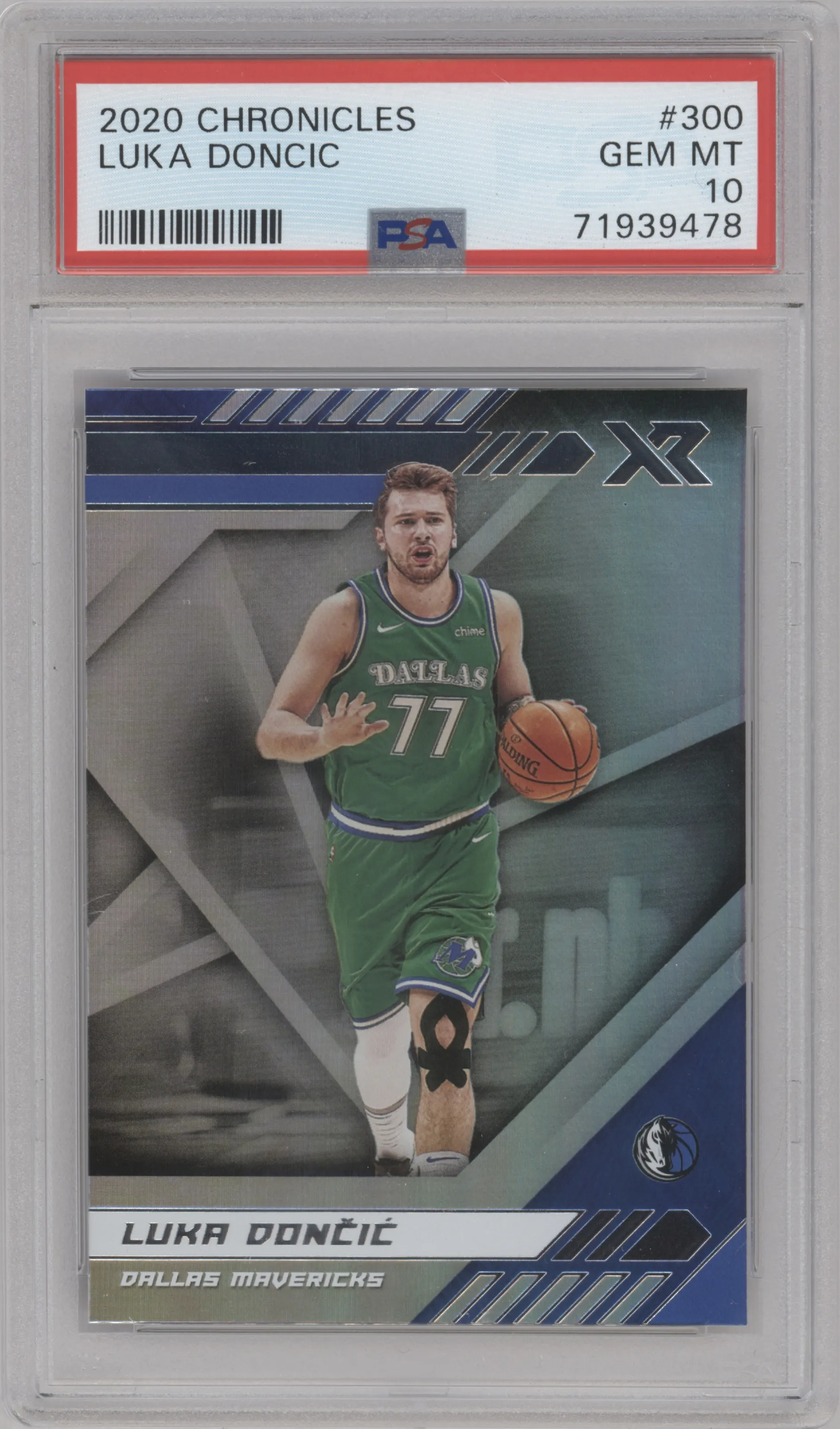 Luka Doncic from the 2020-21 Panini Chronicles set graded by PSA and given an overall grade of 10.