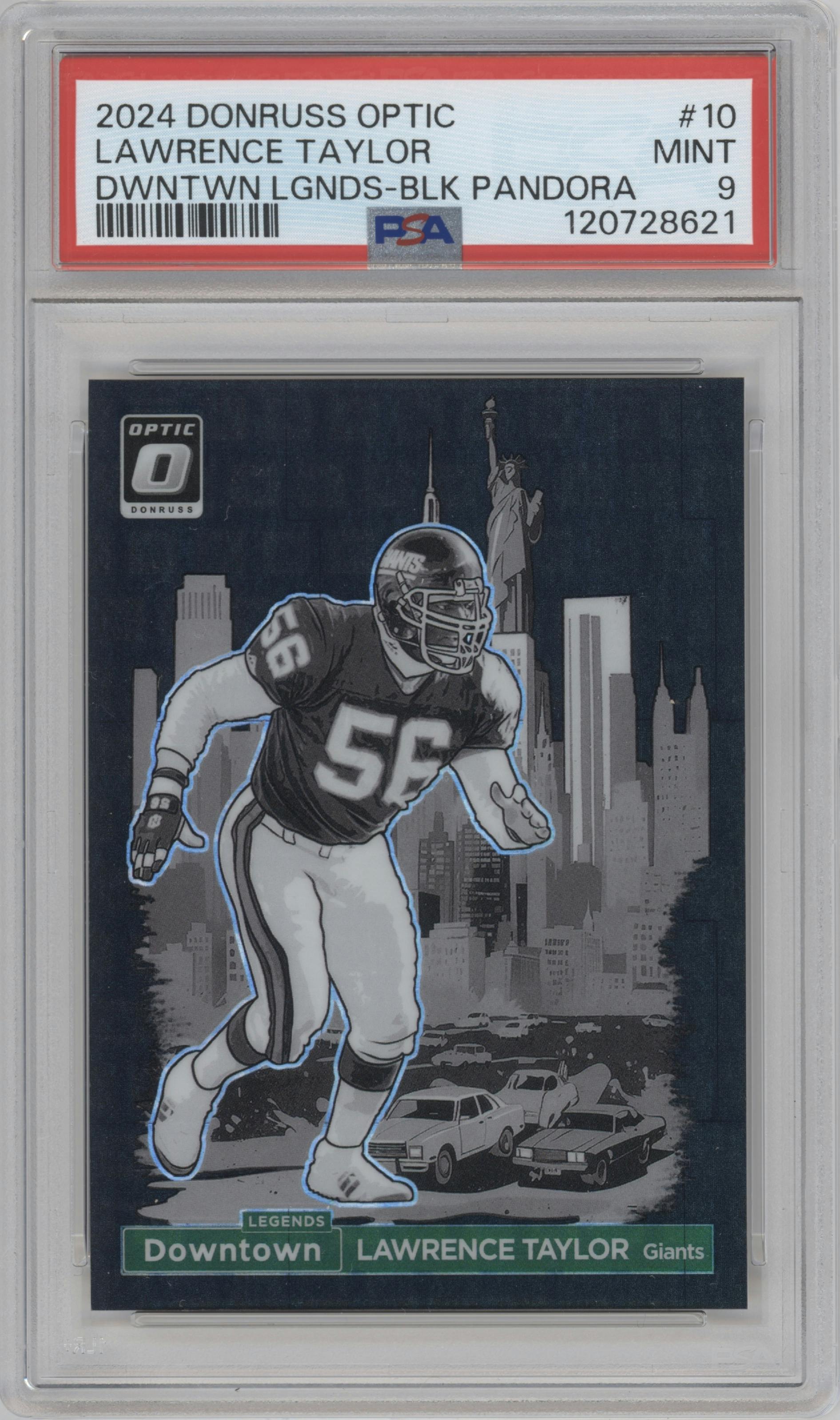 Lawrence Taylor from the 2024 Donruss Optic set featuring a Black Pandora parallel graded by PSA and given an overall grade of 9.