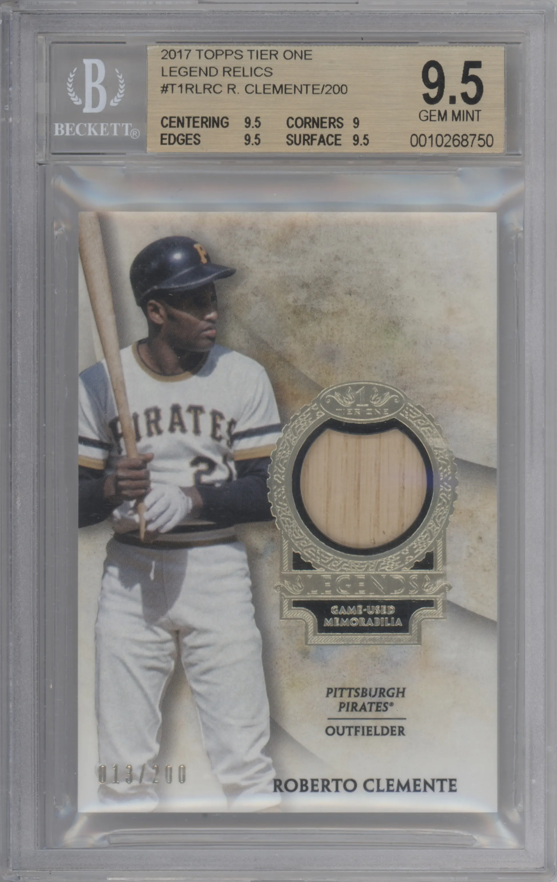 Roberto Clemente from the 2017 Topps Tier One set graded by Beckett and given an overall grade of 9.5.