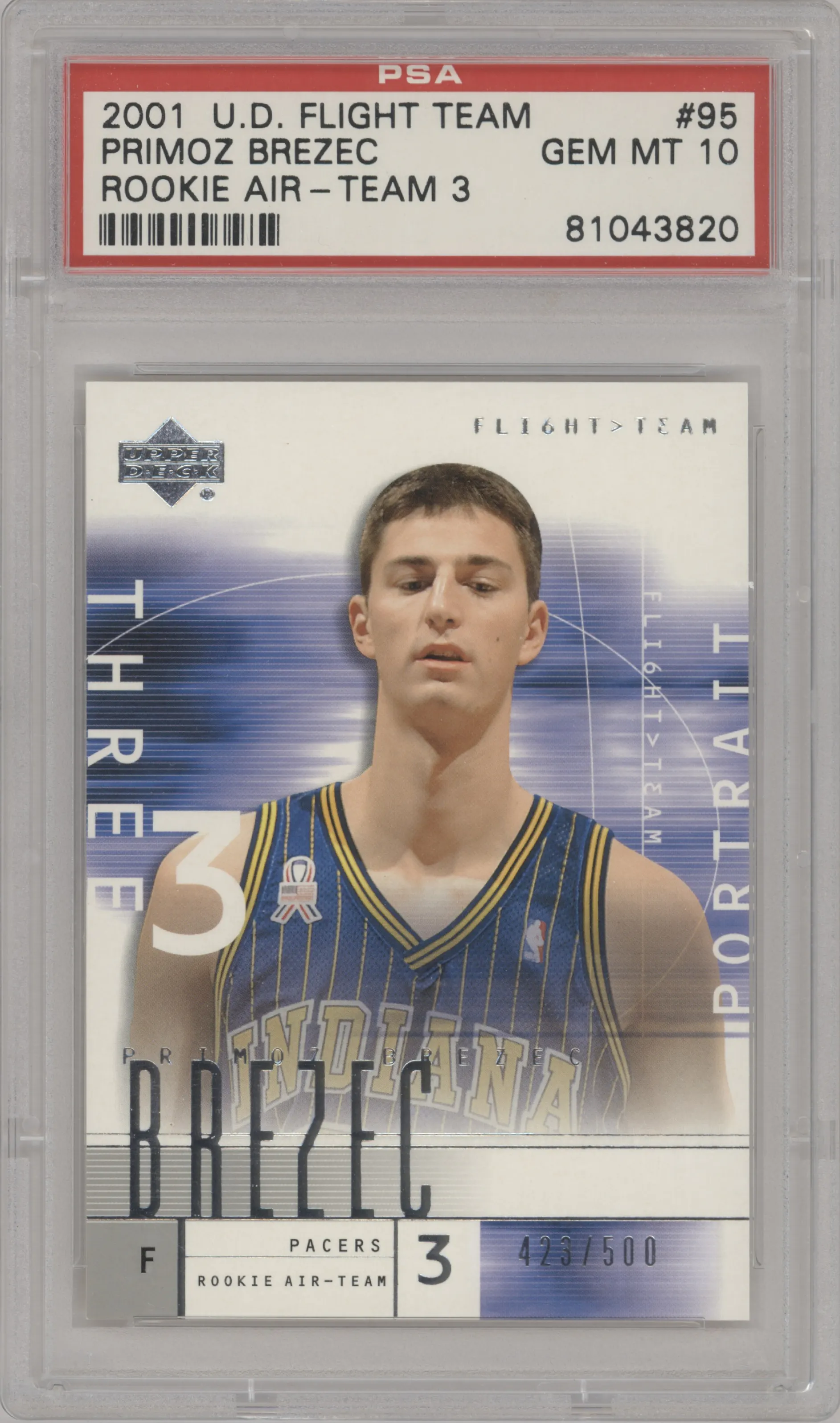 Primoz Brezec from the 2001-02 UD Flight Team set featuring a Variation parallel graded by PSA and given an overall grade of 10.