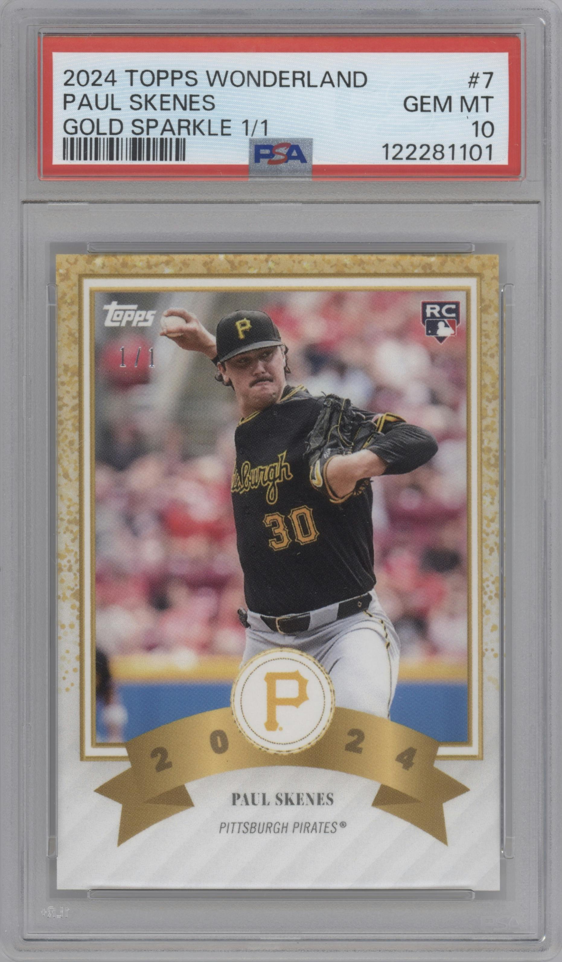 Paul Skenes from the 2024 Topps Wonderland set featuring a Gold Sparkle parallel graded by PSA and given an overall grade of 10.