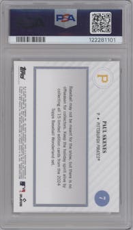 Paul Skenes from the 2024 Topps Wonderland set featuring a Gold Sparkle parallel graded by PSA and given an overall grade of 10.
