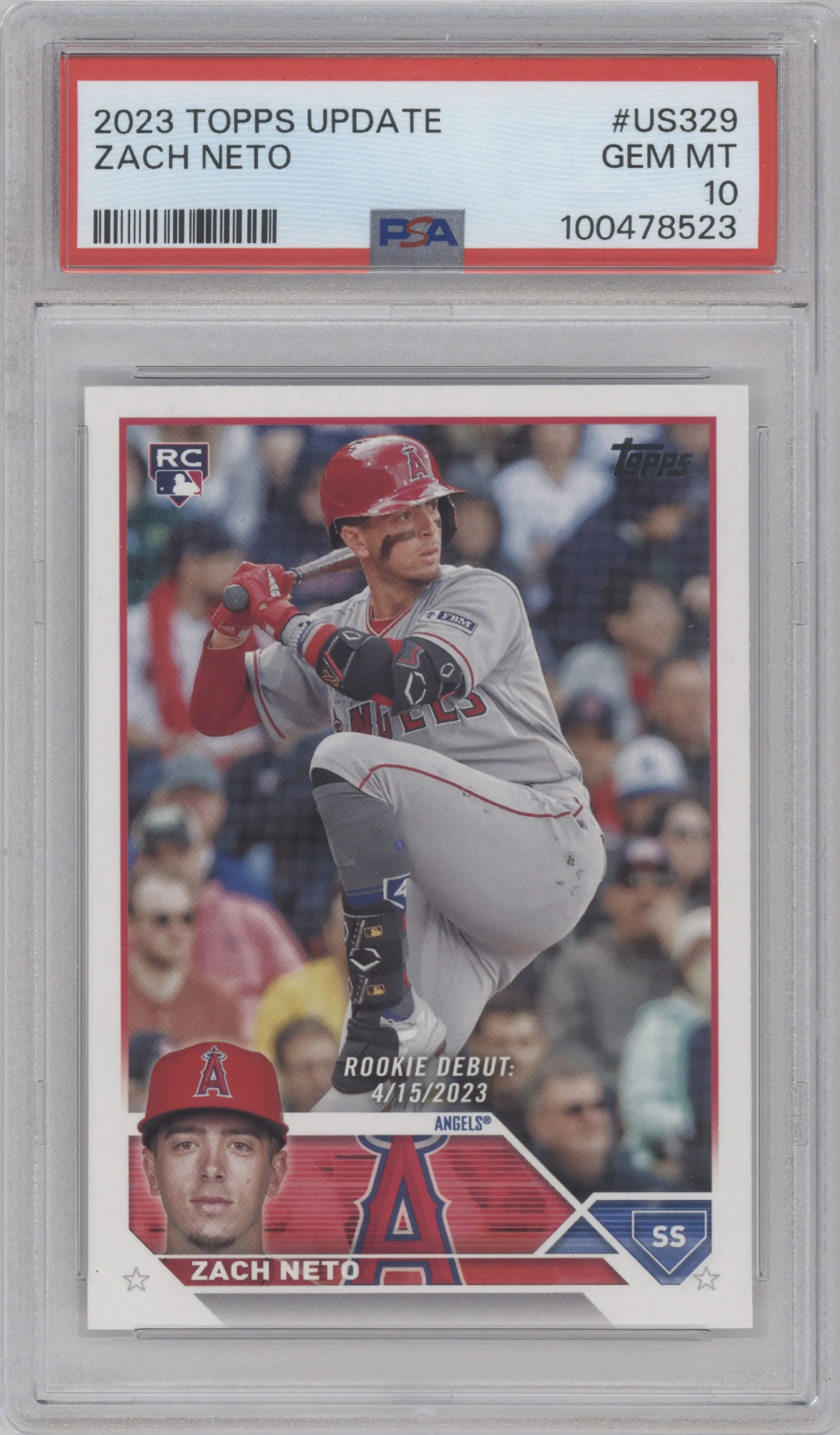 Zach Neto from the 2023 Topps Update set graded by PSA and given an overall grade of 10.