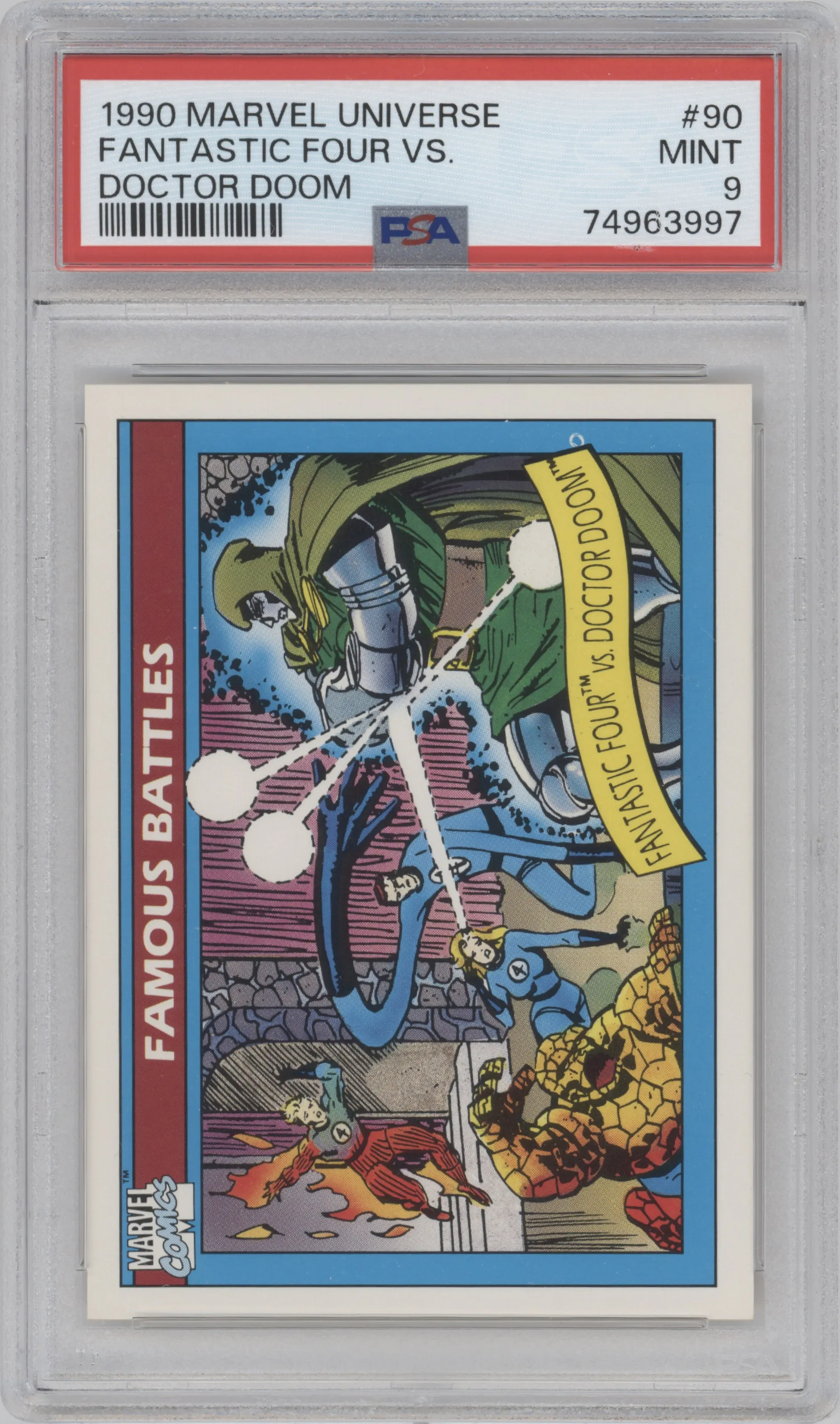 Fantastic Four vs. Doctor Doom from the 1990 Impel Marvel Universe  set graded by PSA and given an overall grade of 9.