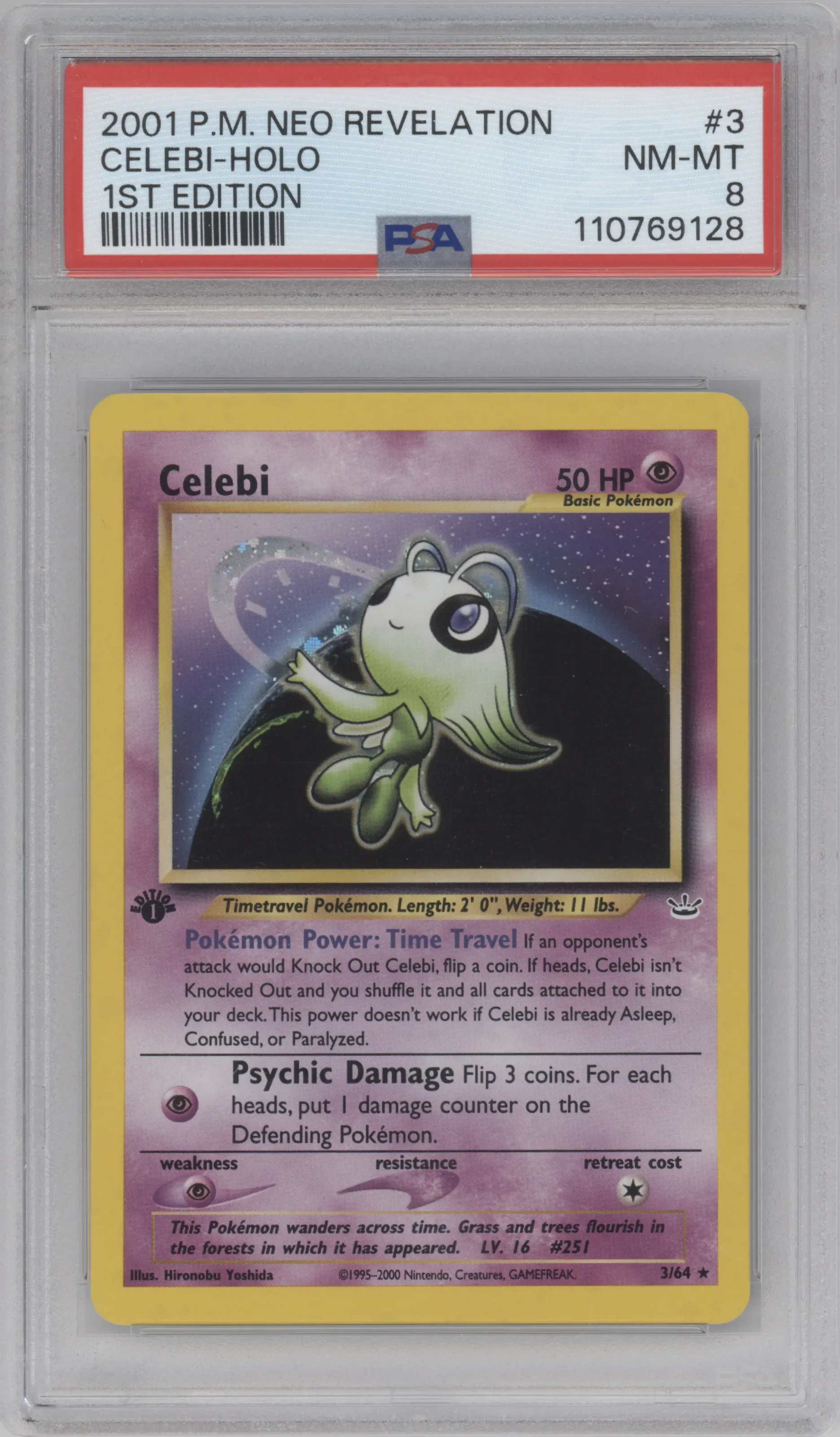 Celebi from the 2001 Pokemon Neo Genesis set graded by PSA and given an overall grade of 8.