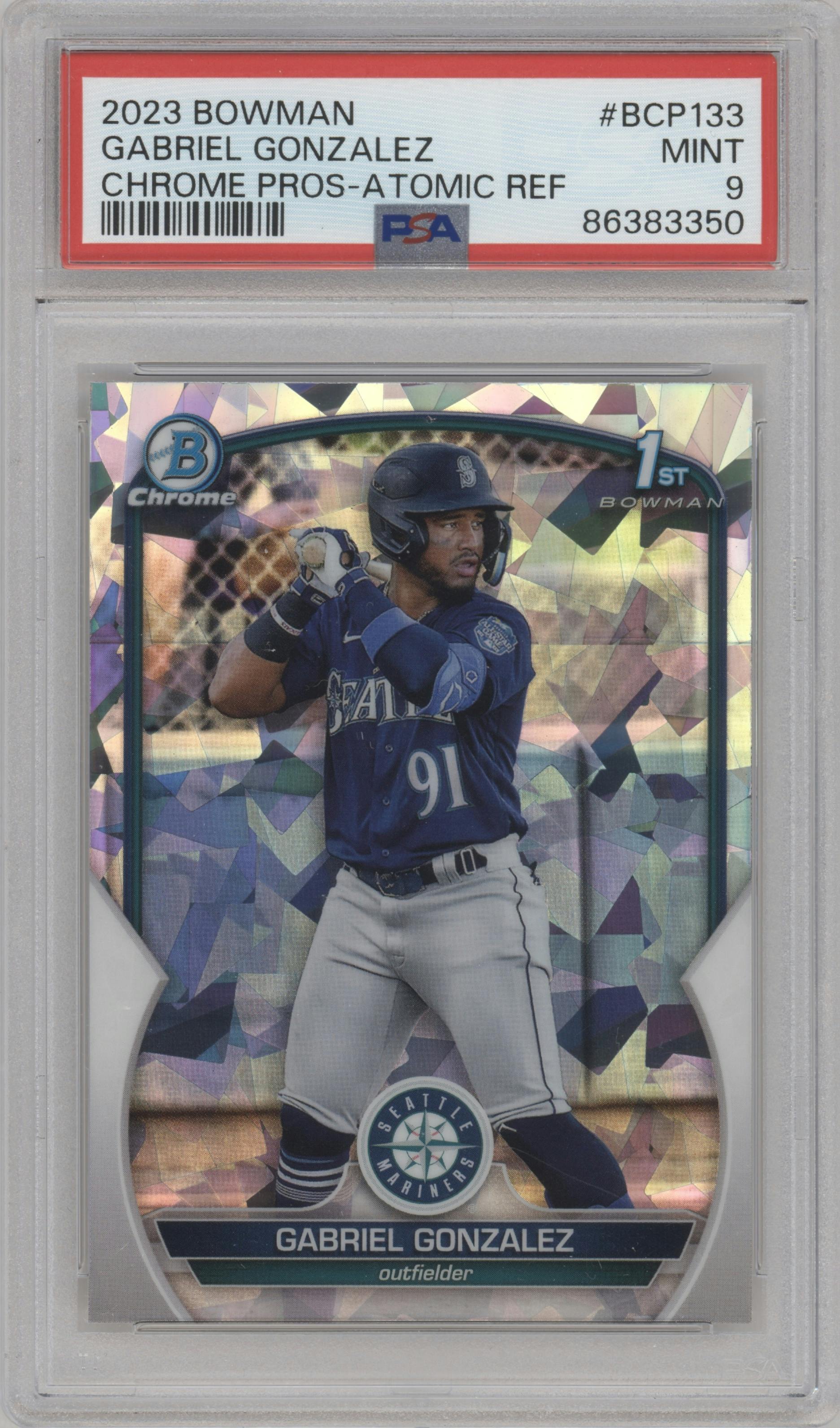 Gabriel Gonzalez from the 2023 Bowman  set featuring a Atomic Refractor parallel graded by PSA and given an overall grade of 9.