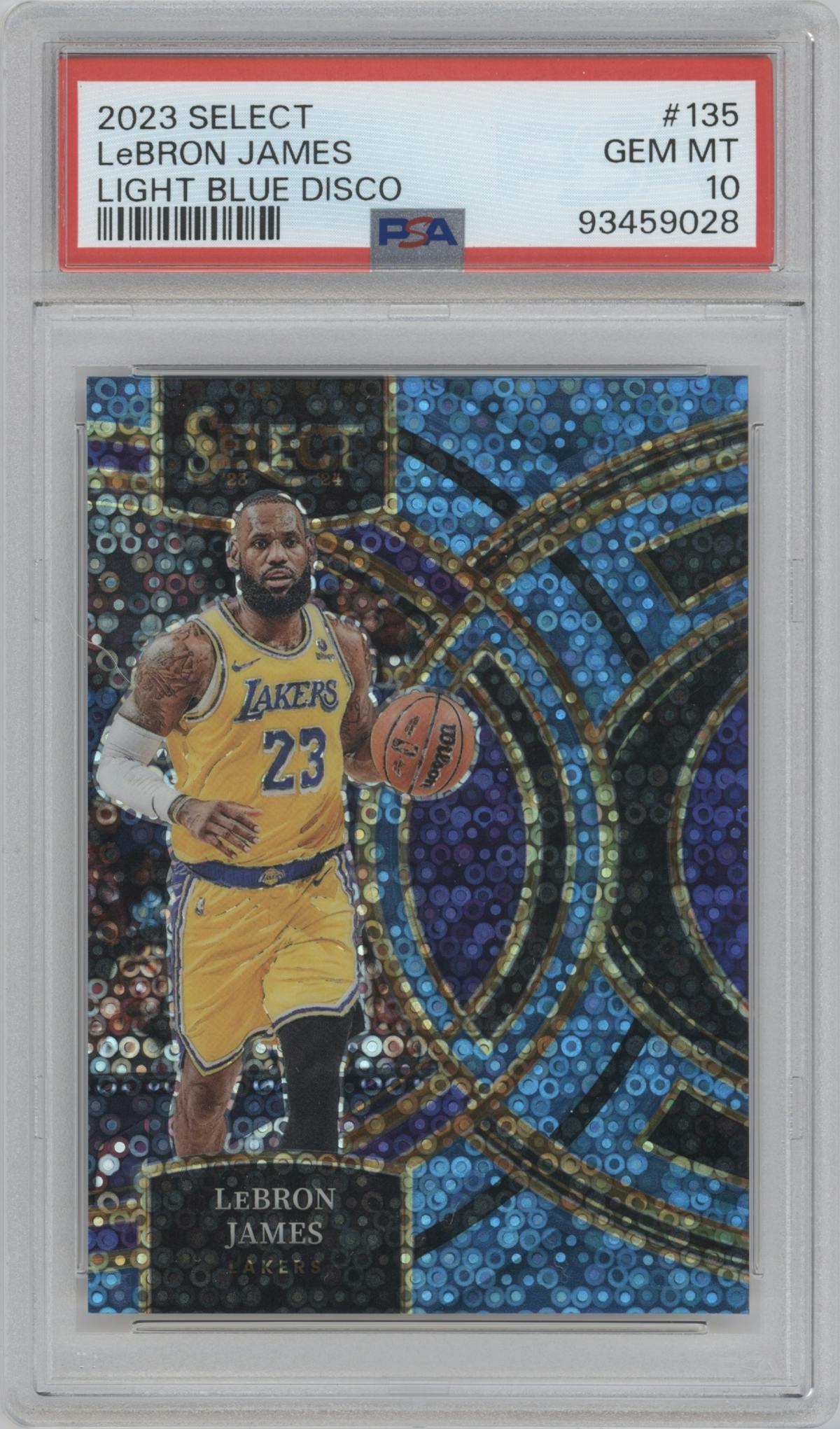 LeBron James from the 2023-24 Panini Select  set featuring a Light Blue Disco parallel graded by PSA and given an overall grade of 10.