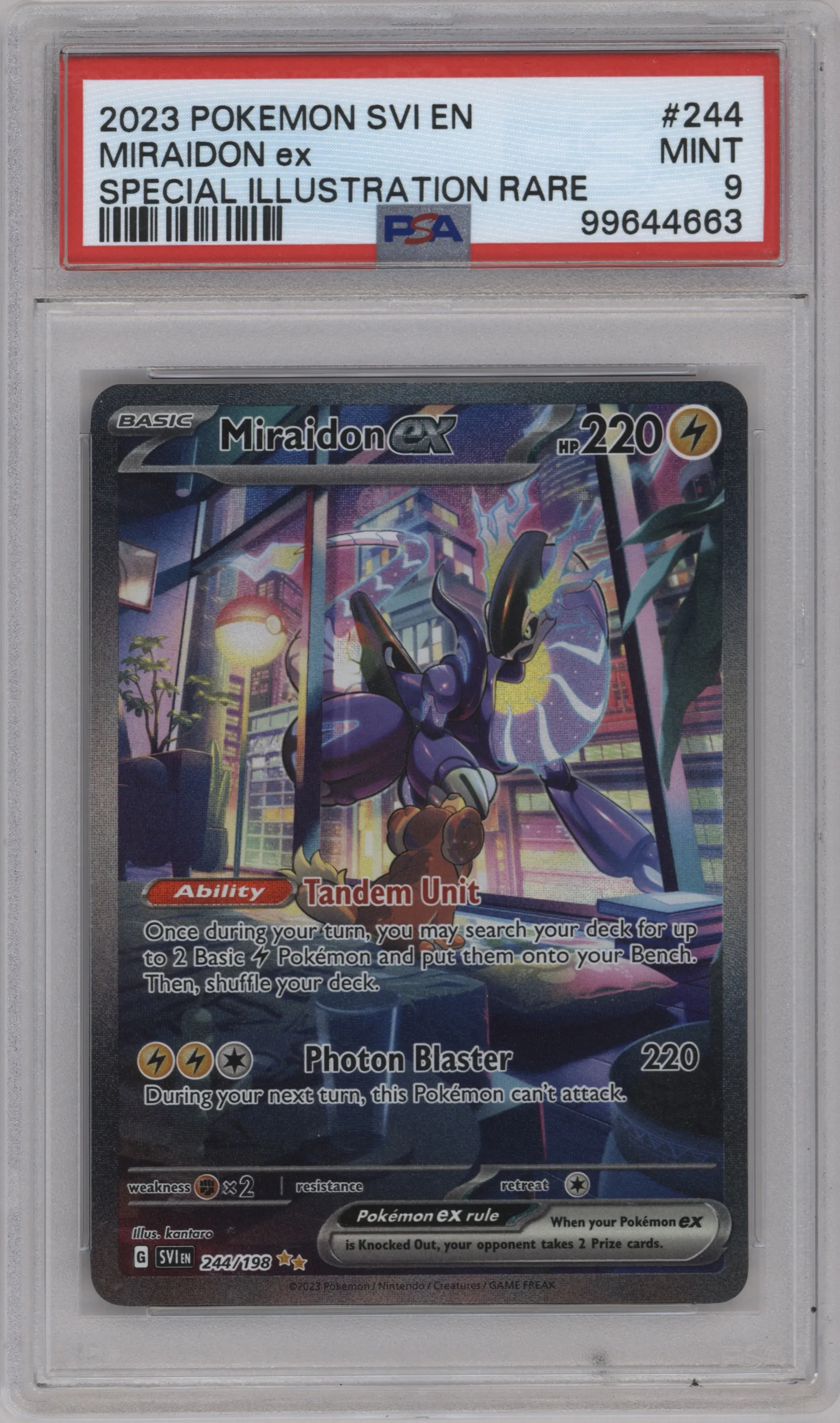 Miraidon ex from the 2023 Pokemon SV set graded by PSA and given an overall grade of 9.