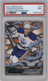 Connor McDavid from the 2024-25 Upper Deck Series 2 set graded by PSA and given an overall grade of 9.