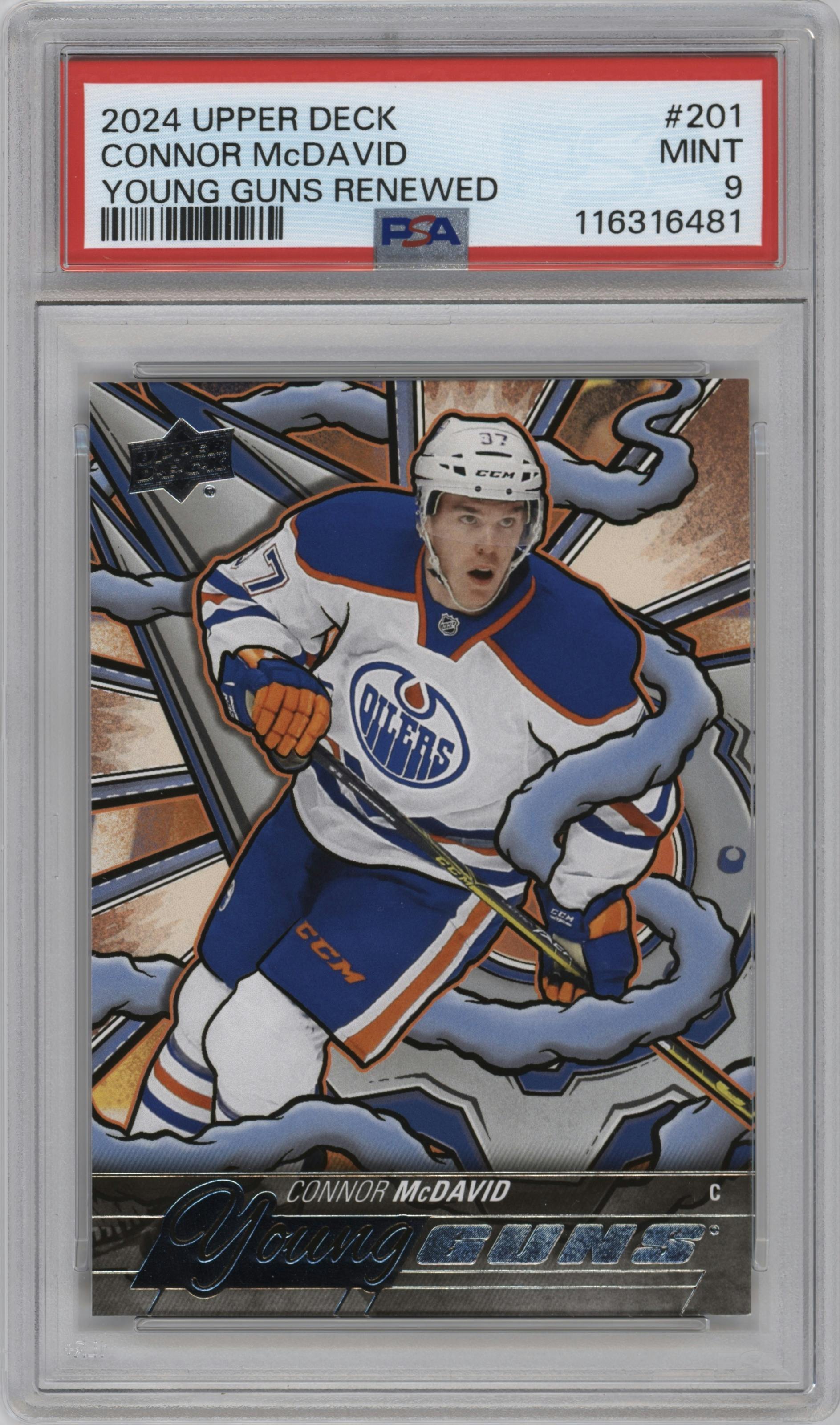 Connor McDavid from the 2024-25 Upper Deck Series 2 set graded by PSA and given an overall grade of 9.