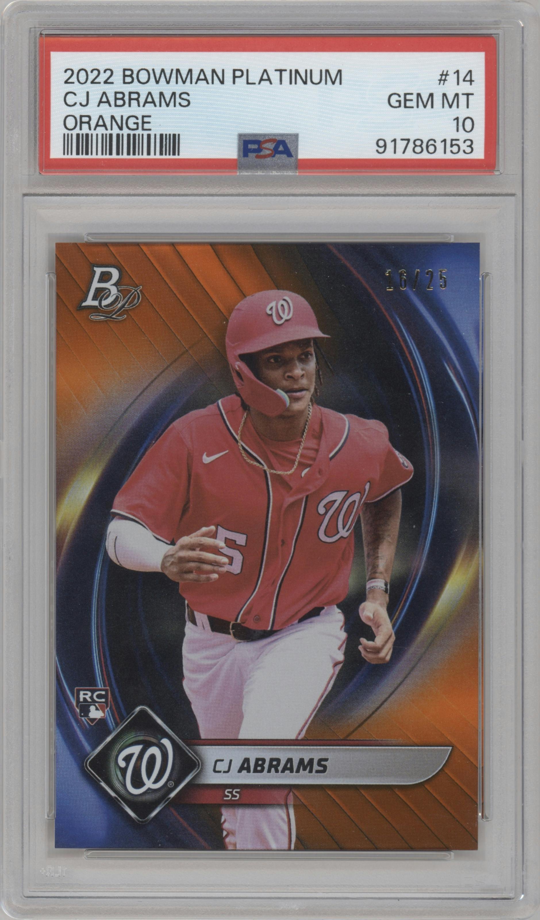 CJ Abrams from the 2022 Bowman Platinum set featuring a Orange parallel graded by PSA and given an overall grade of 10.