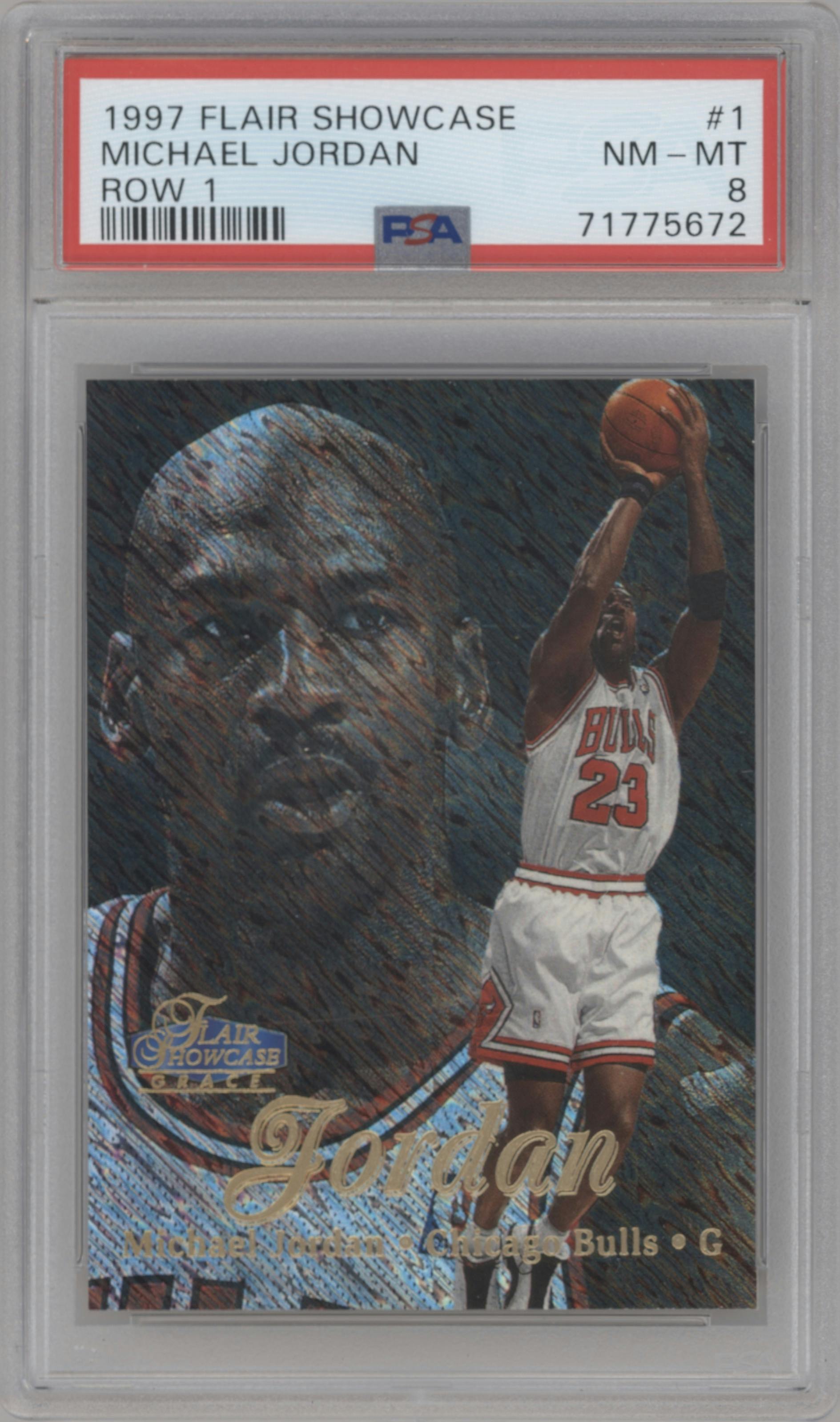 Michael Jordan from the 1997-98 Flair Showcase set graded by PSA and given an overall grade of 8.