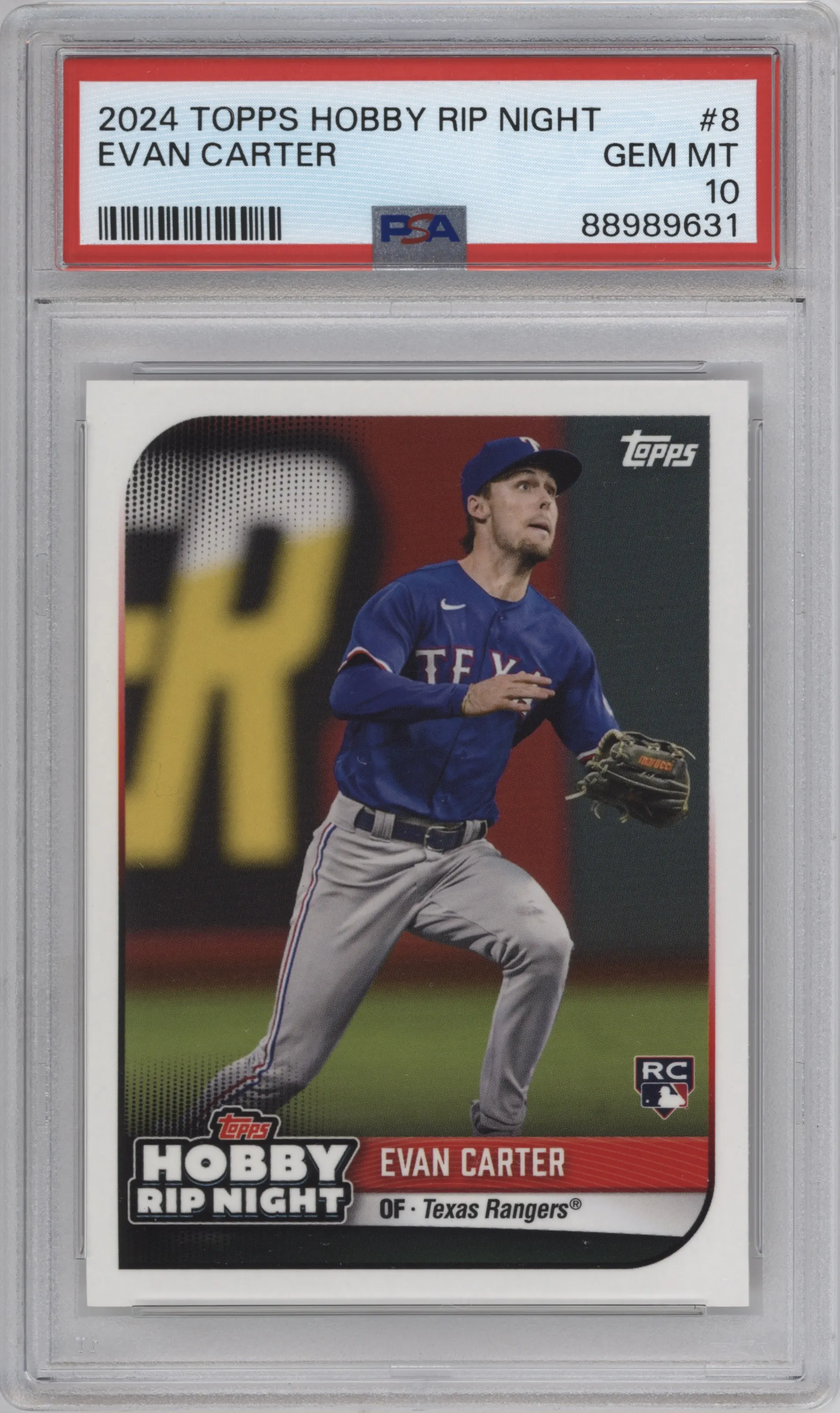 Evan Carter from the 2024 Topps Hobby Rip Night set graded by PSA and given an overall grade of 10.