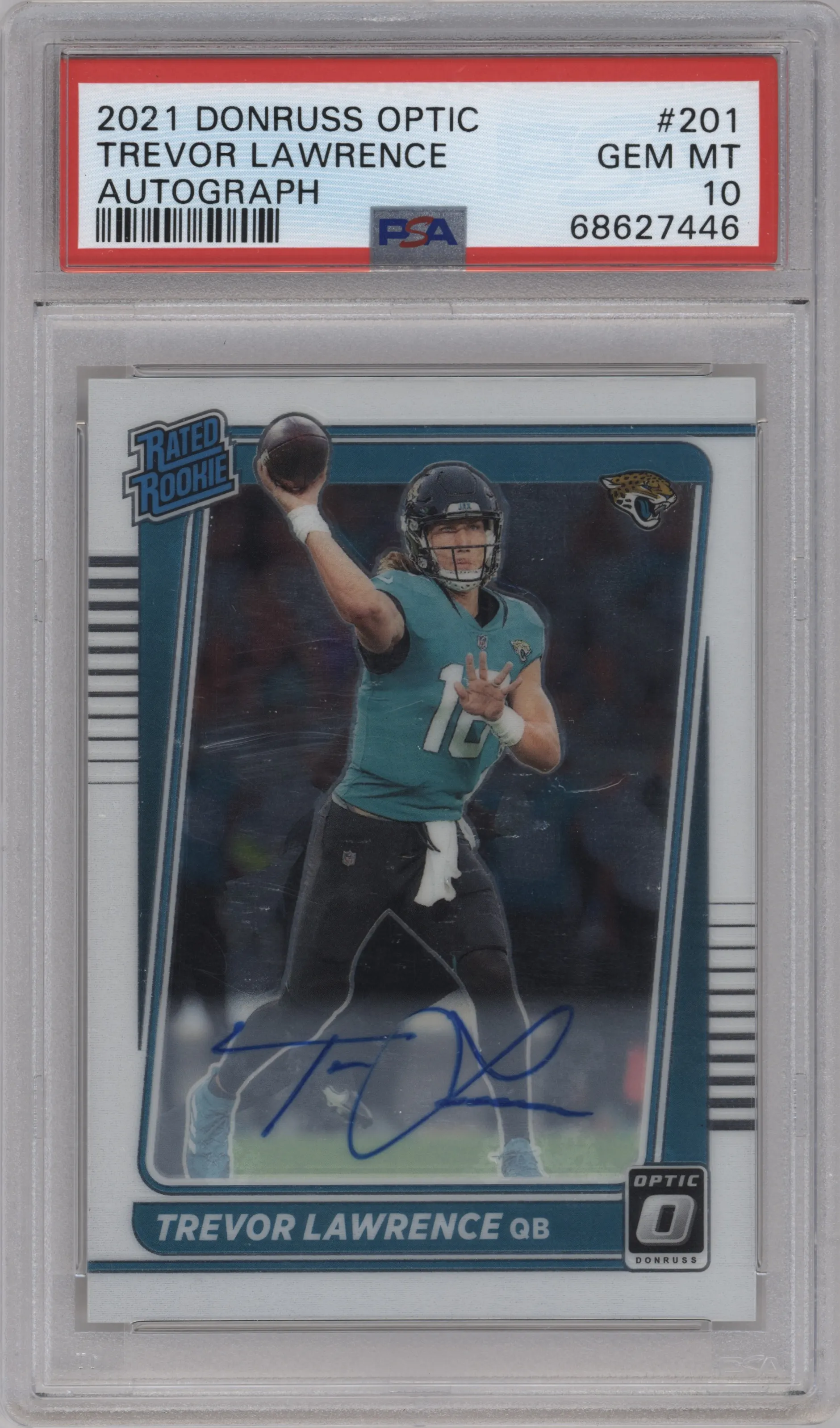 Trevor Lawrence from the 2021 Panini Donruss Optic set graded by PSA and given an overall grade of 10.