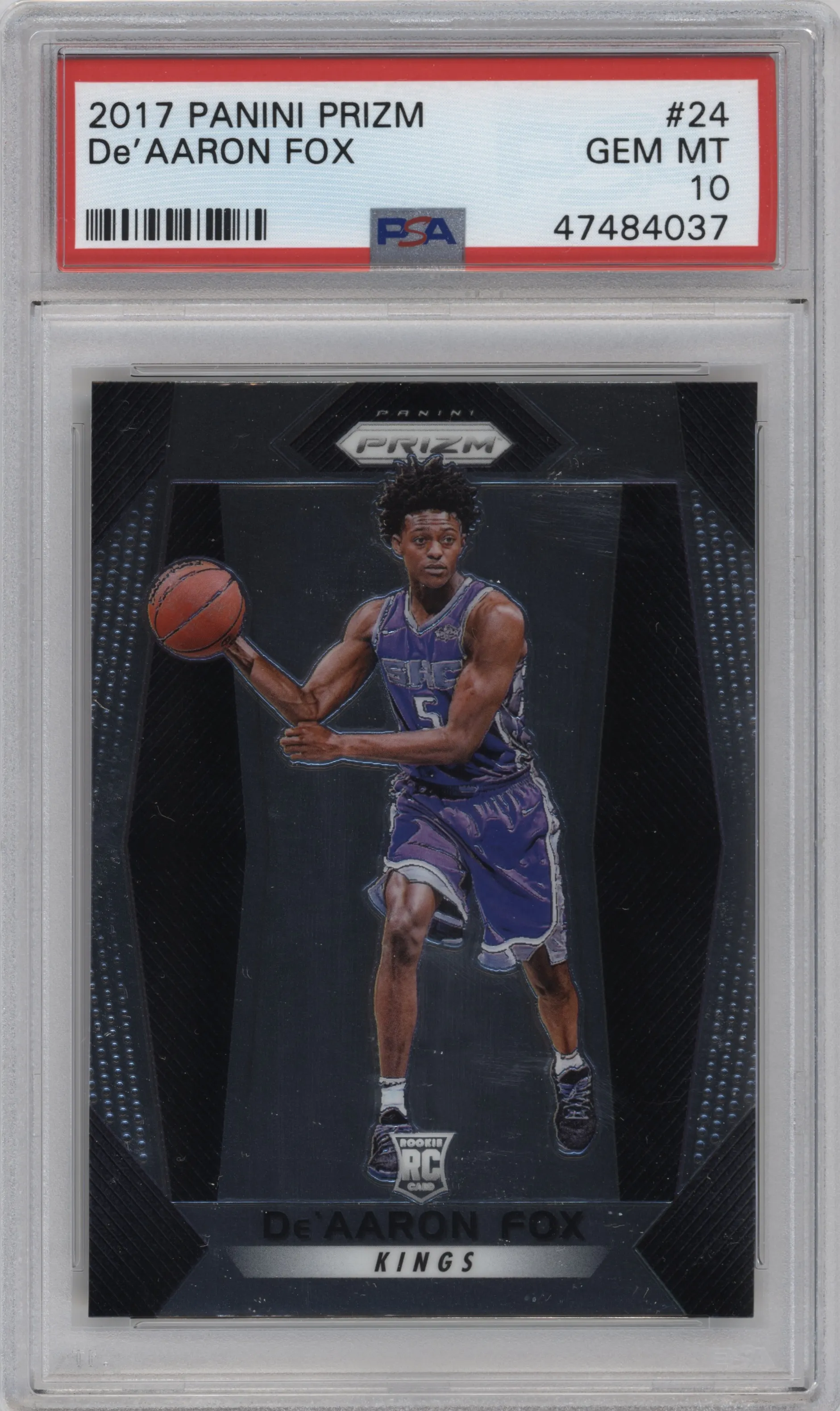 De'Aaron Fox from the 2017-18 Panini Prizm  set graded by PSA and given an overall grade of 10.