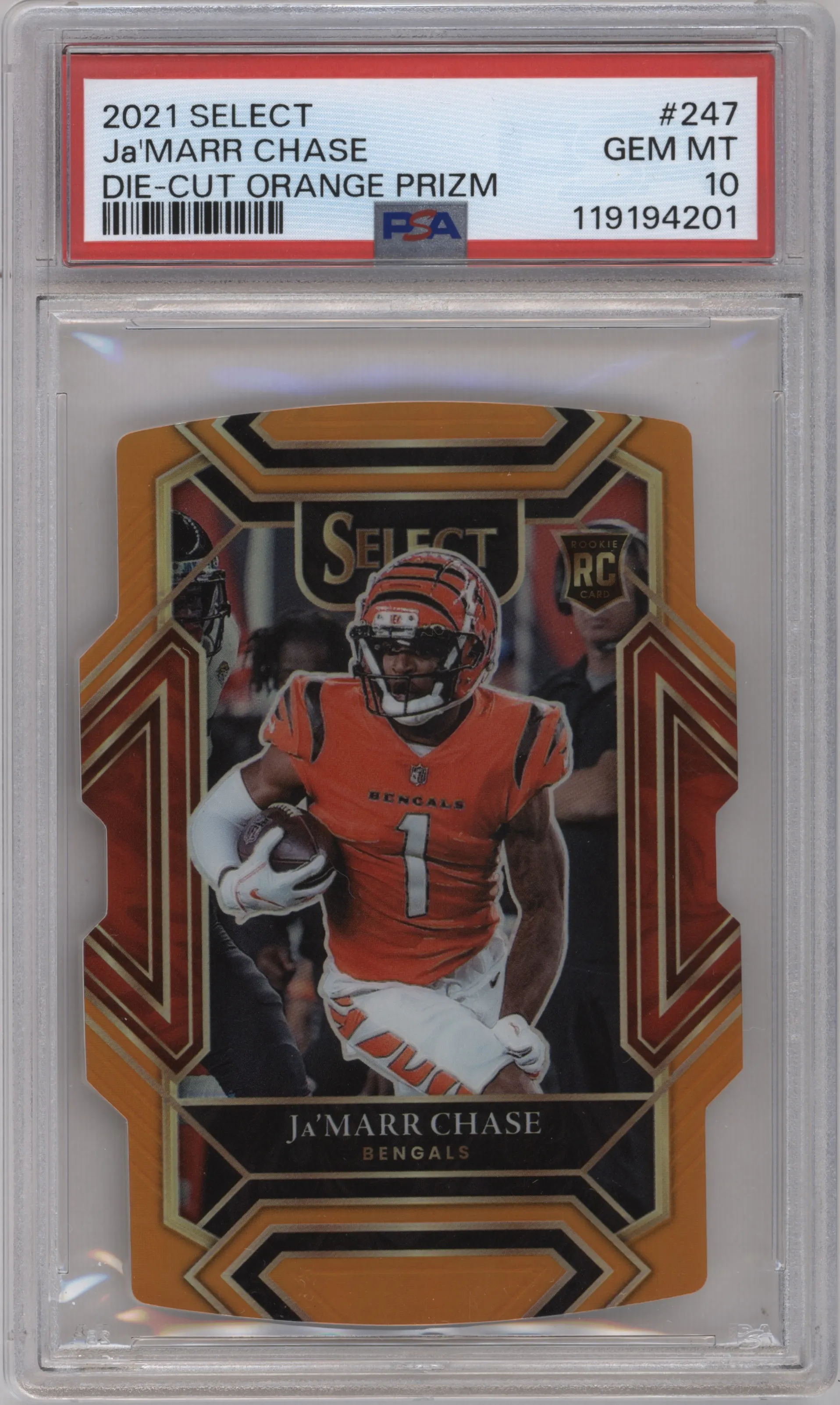 Ja'Marr Chase from the 2021 Panini Select set featuring a Die-Cut  Orange parallel graded by PSA and given an overall grade of 10.