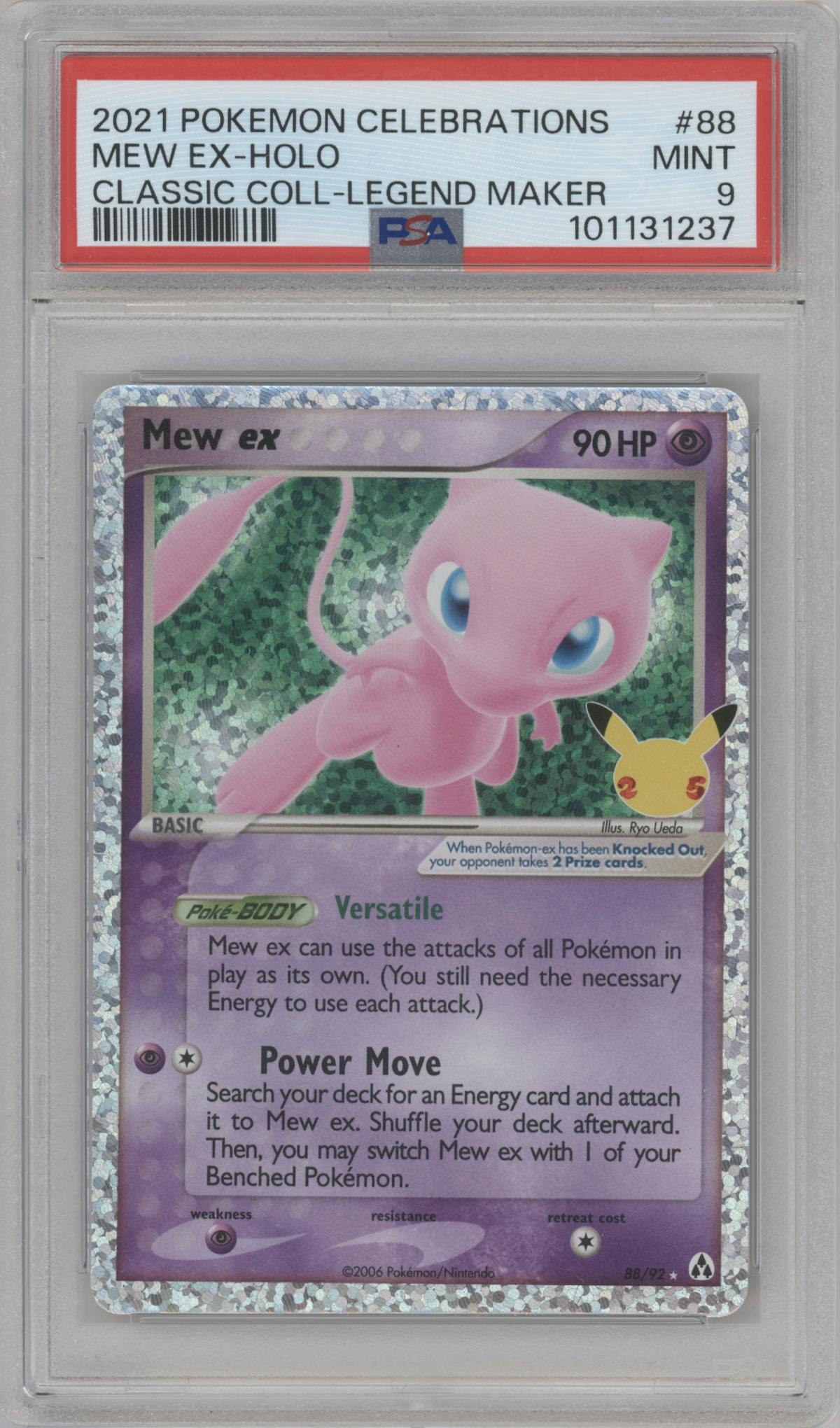 Mew EX from the 2021 Pokemon SWSH set featuring a Legend Maker parallel graded by PSA and given an overall grade of 9.
