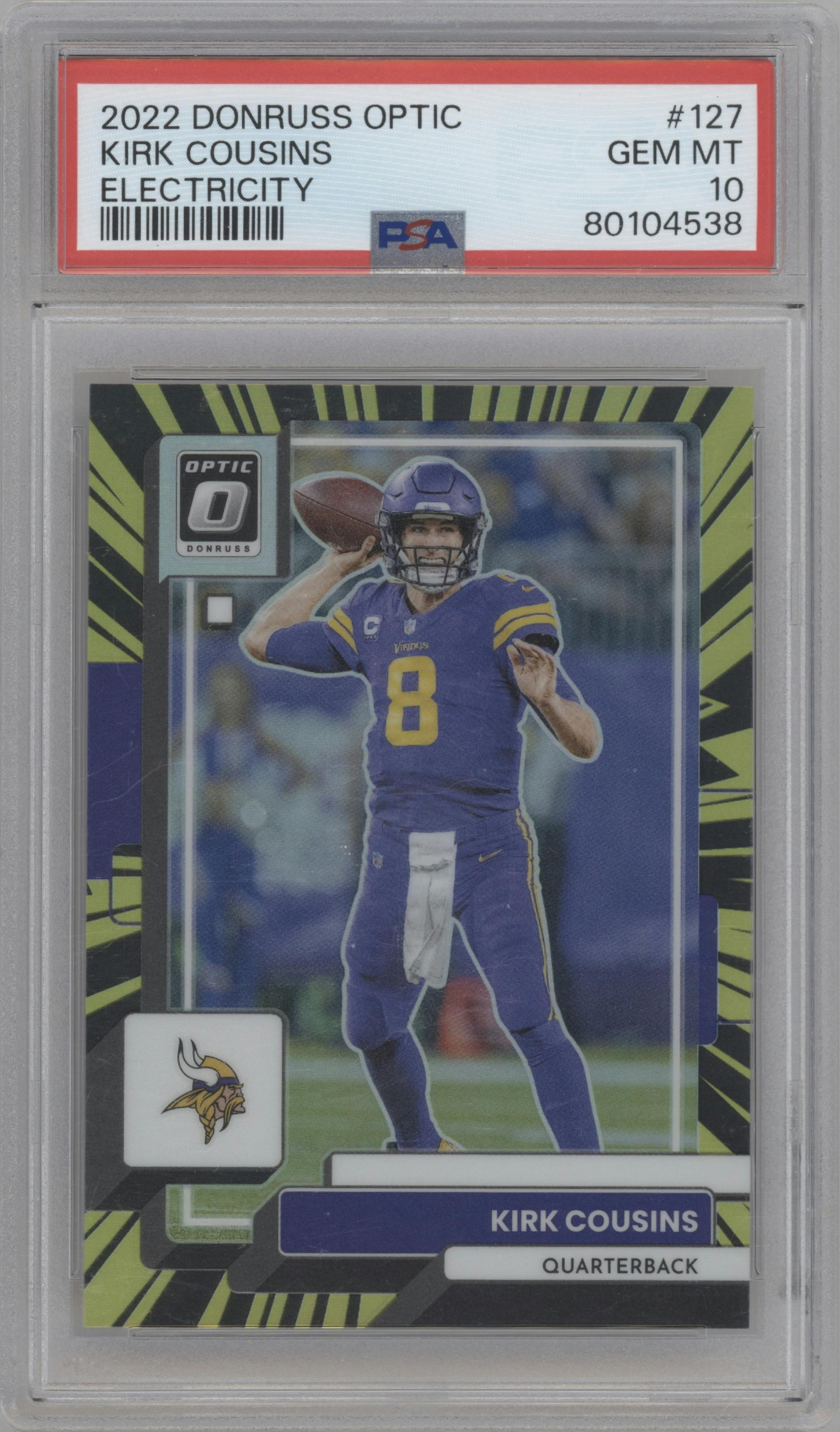 Kirk Cousins from the 2022 Panini Donruss Optic set featuring a Electricity parallel graded by PSA and given an overall grade of 10.