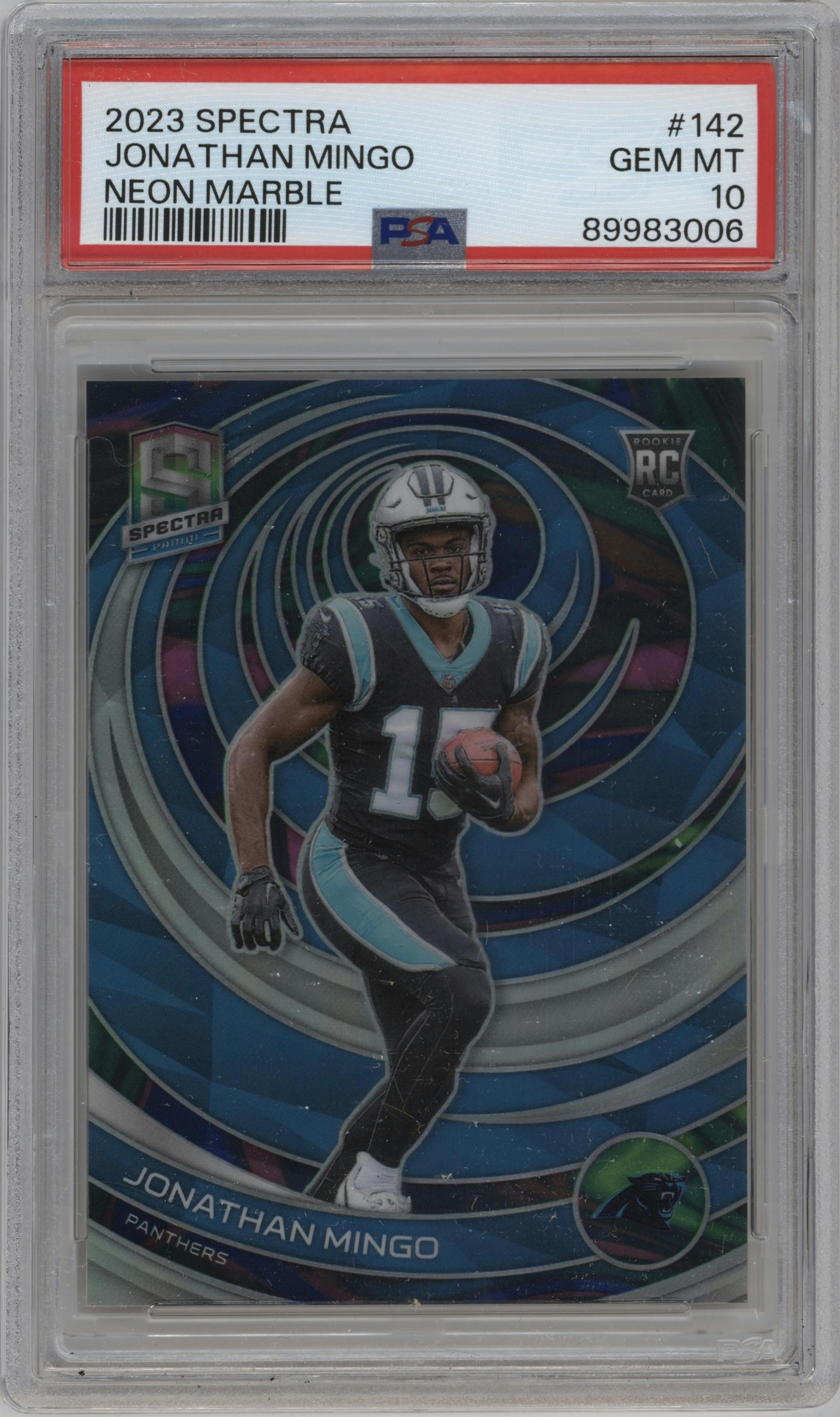 Jonathan Mingo from the 2023 Panini Spectra set featuring a Neon Marble parallel graded by PSA and given an overall grade of 10.