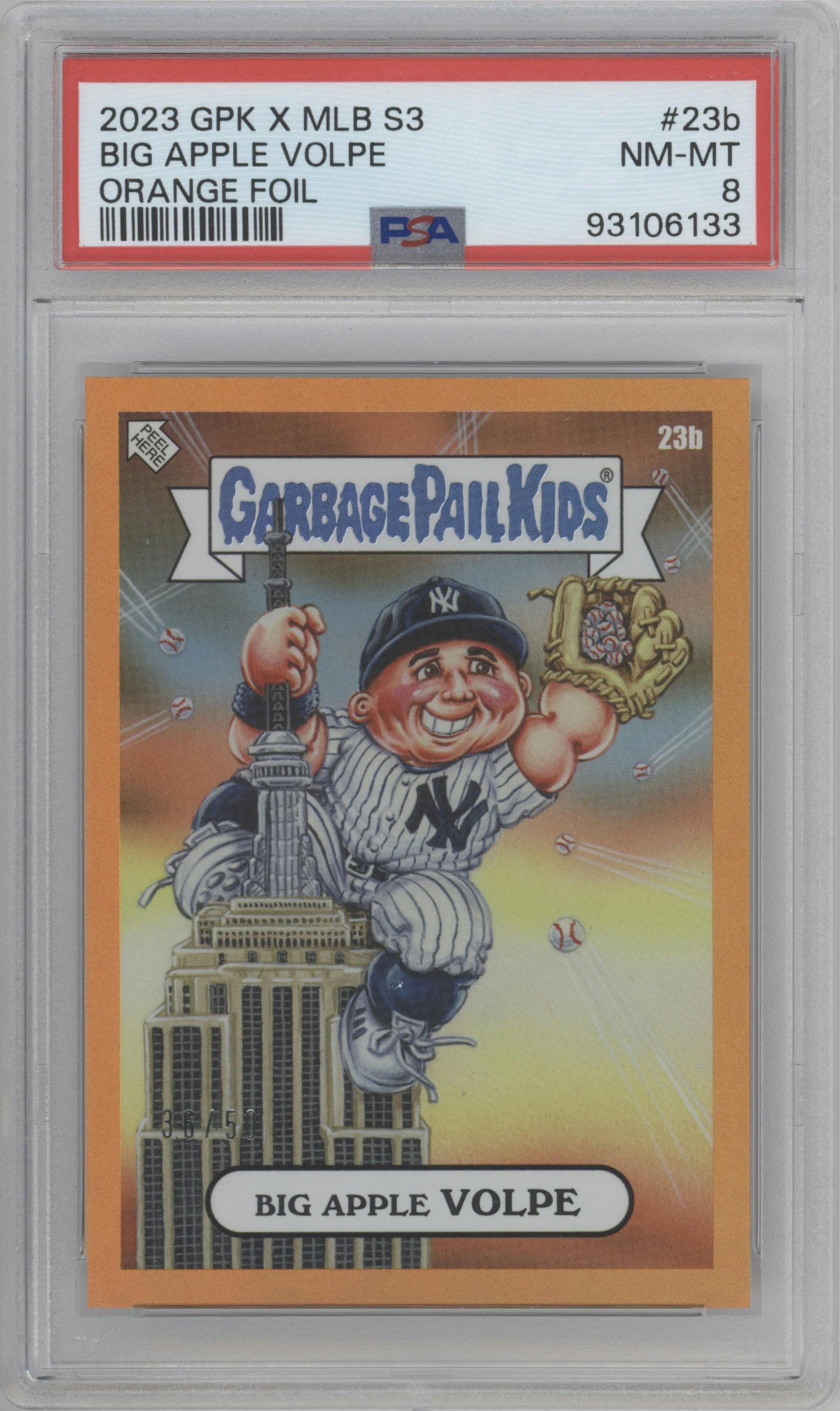 Big Apple Volpe from the 2023 Topps Garbage Pail Kids x MLB Series 3 set featuring a Orange Foil parallel graded by PSA and given an overall grade of 8.