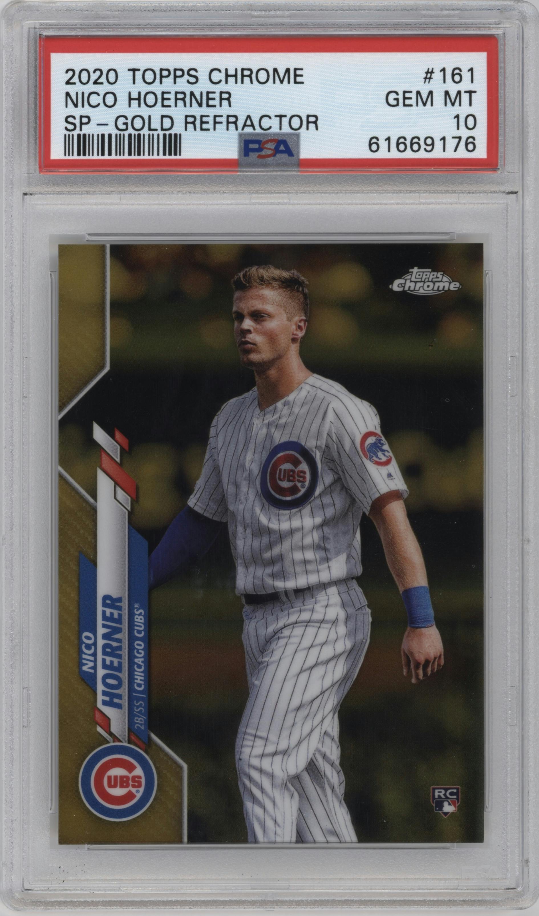 Nico Hoerner from the 2020 Topps Chrome set featuring a Gold Refractor parallel graded by PSA and given an overall grade of 10.