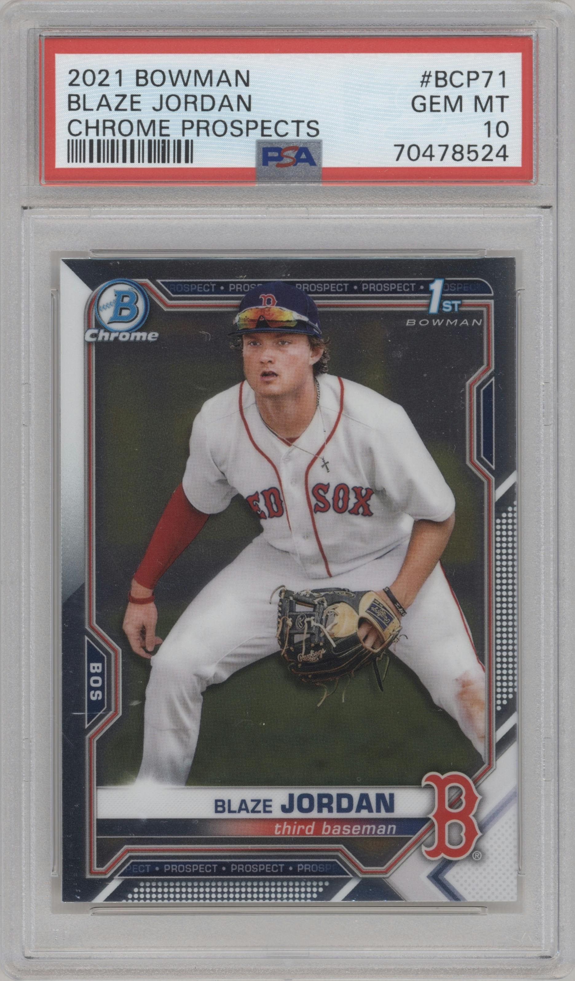 Blaze Jordan from the 2021 Bowman set graded by PSA and given an overall grade of 10.
