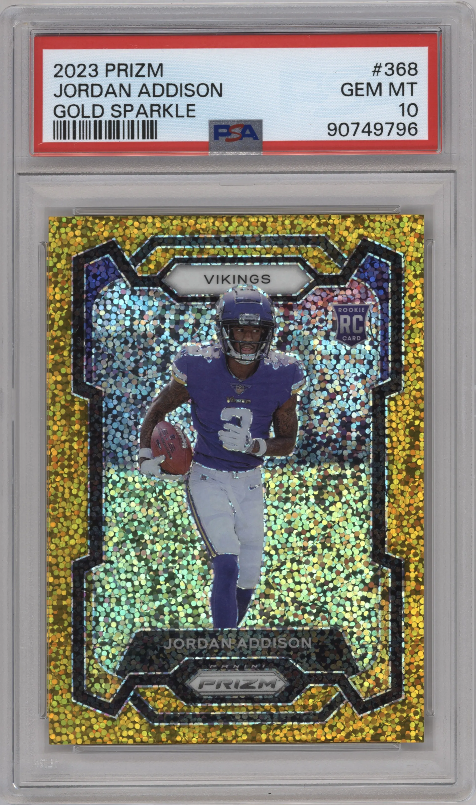 Jordan Addison from the 2023 Panini Prizm set featuring a Gold Sparkle parallel graded by PSA and given an overall grade of 10.
