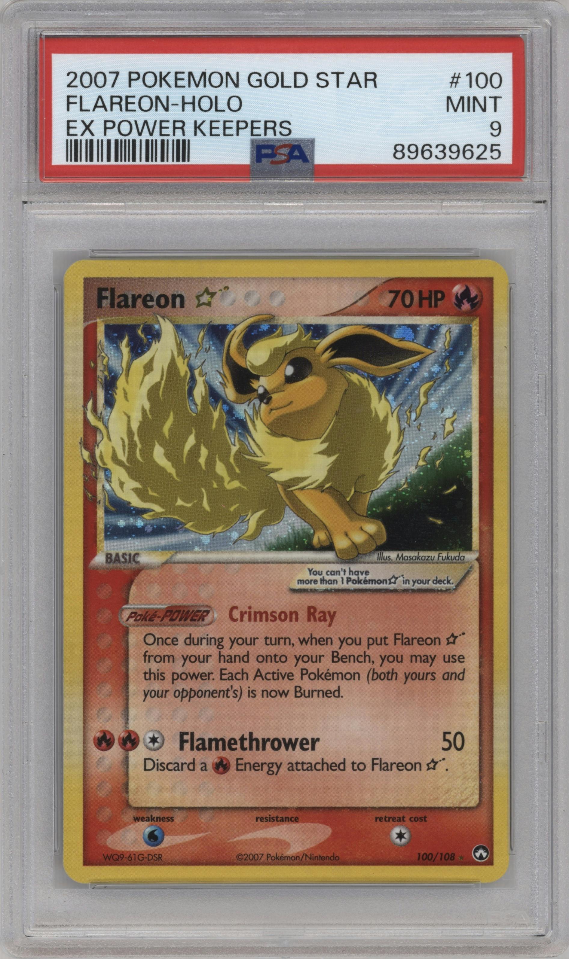 Flareon Gold Star from the 2007 Pokemon EX set graded by PSA and given an overall grade of 9.