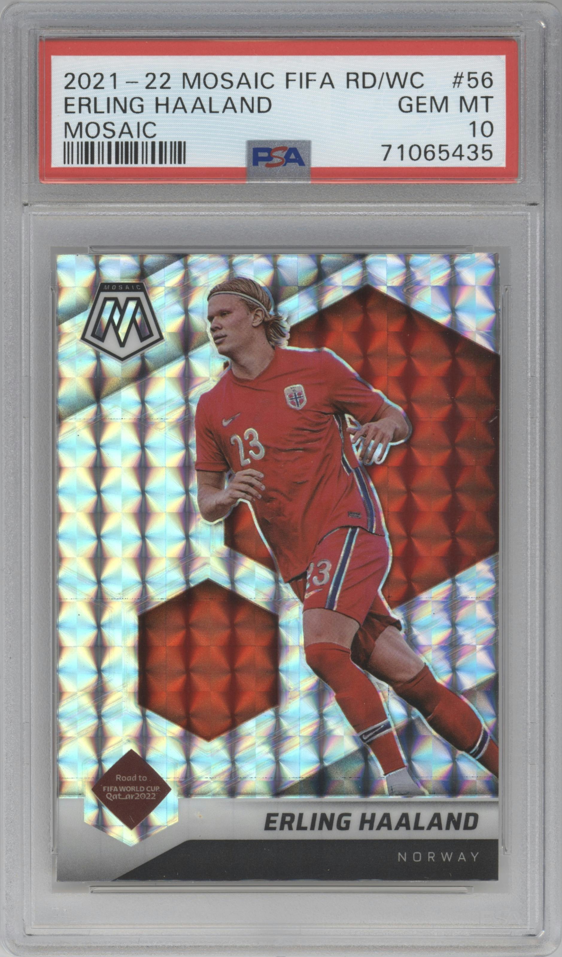 Erling Haaland from the 2021-22 Panini Mosaic Road to FIFA World Cup set featuring a Mosaic parallel graded by PSA and given an overall grade of 10.