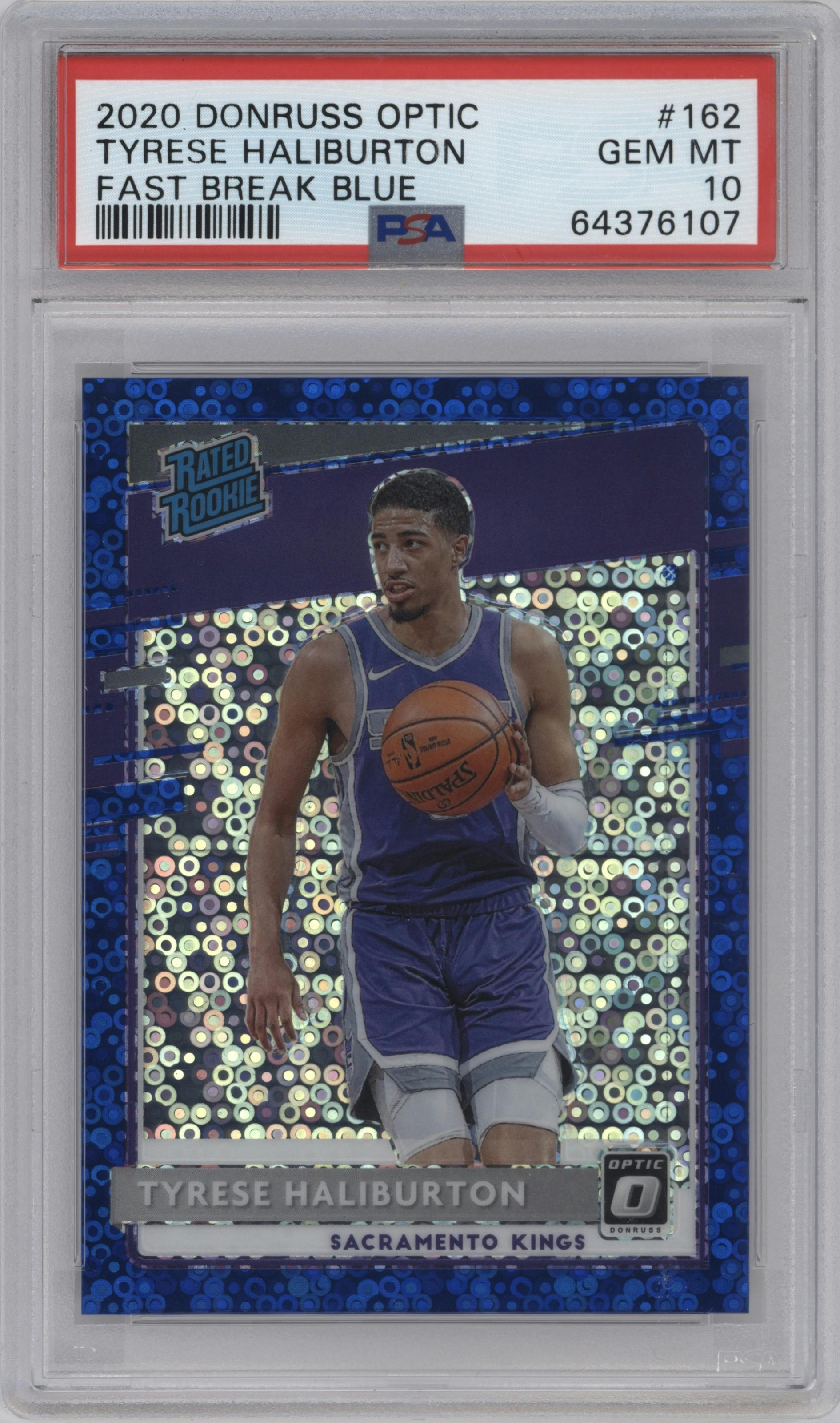 Tyrese Haliburton from the 2020-21 Panini Donruss Optic set featuring a Fast Break Blue parallel graded by PSA and given an overall grade of 10.