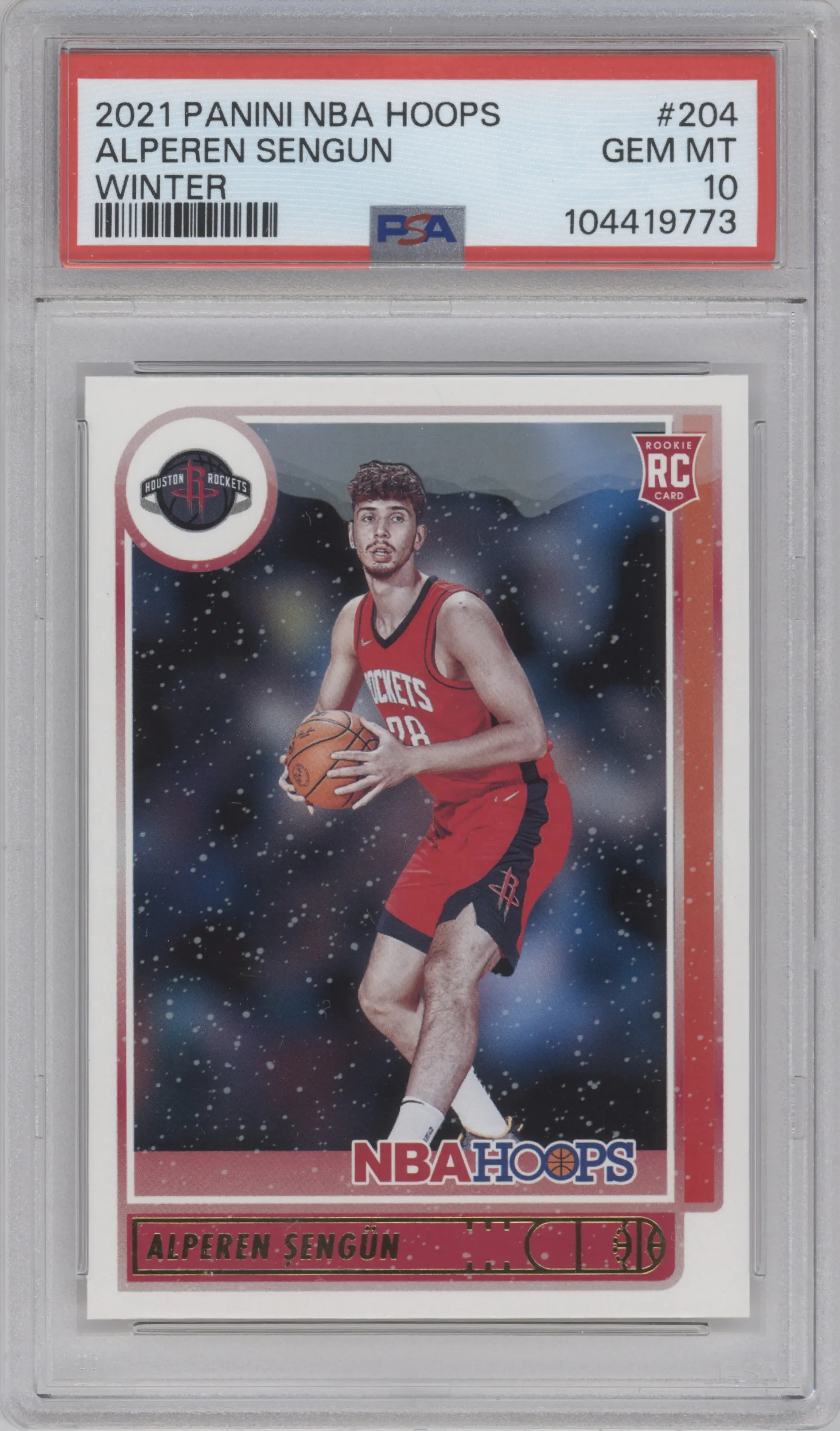 Alperen Sengun from the 2021-22 Panini NBA Hoops set featuring a Winter parallel graded by PSA and given an overall grade of 10.