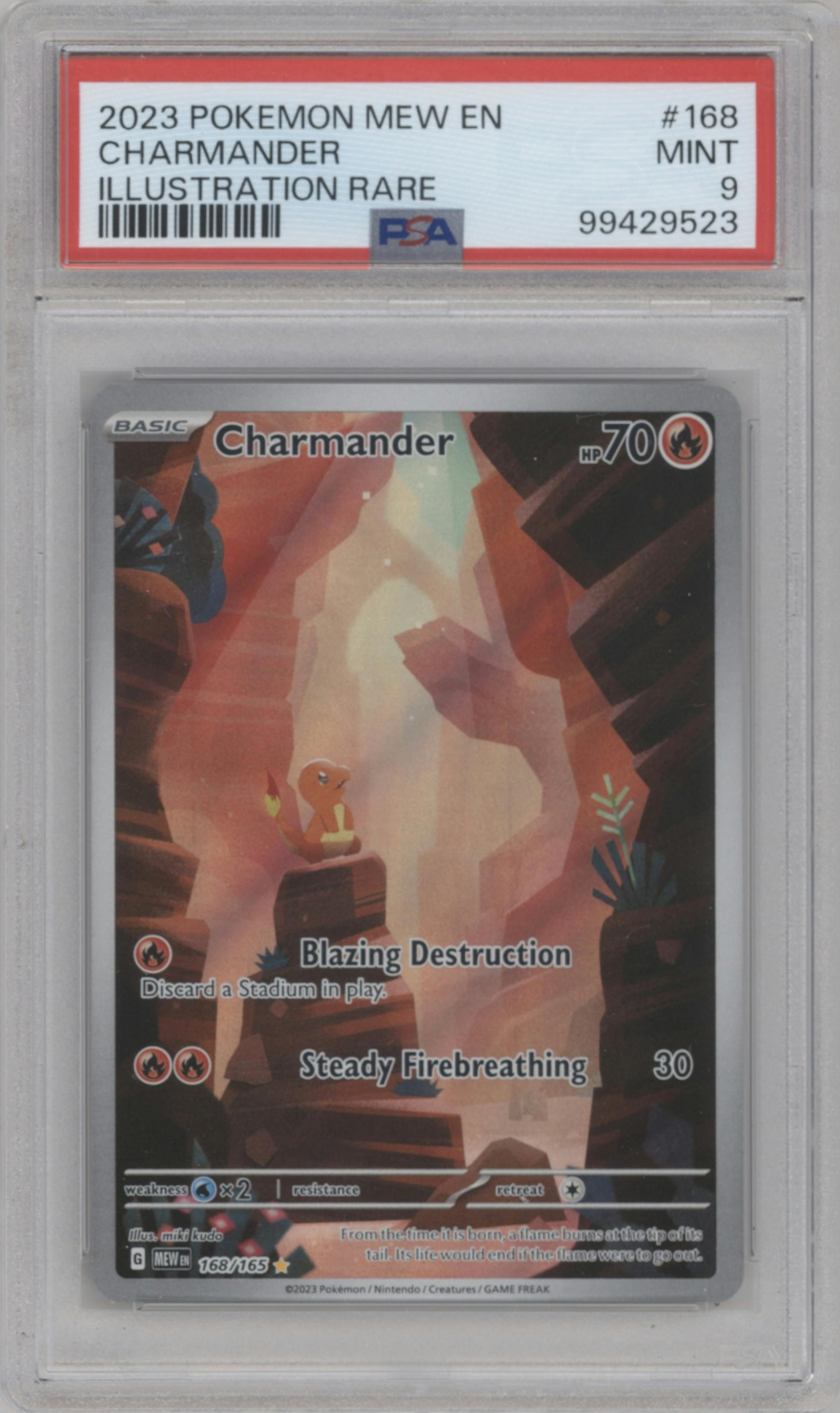 Charmander from the 2023 Pokemon SV set graded by PSA and given an overall grade of 9.