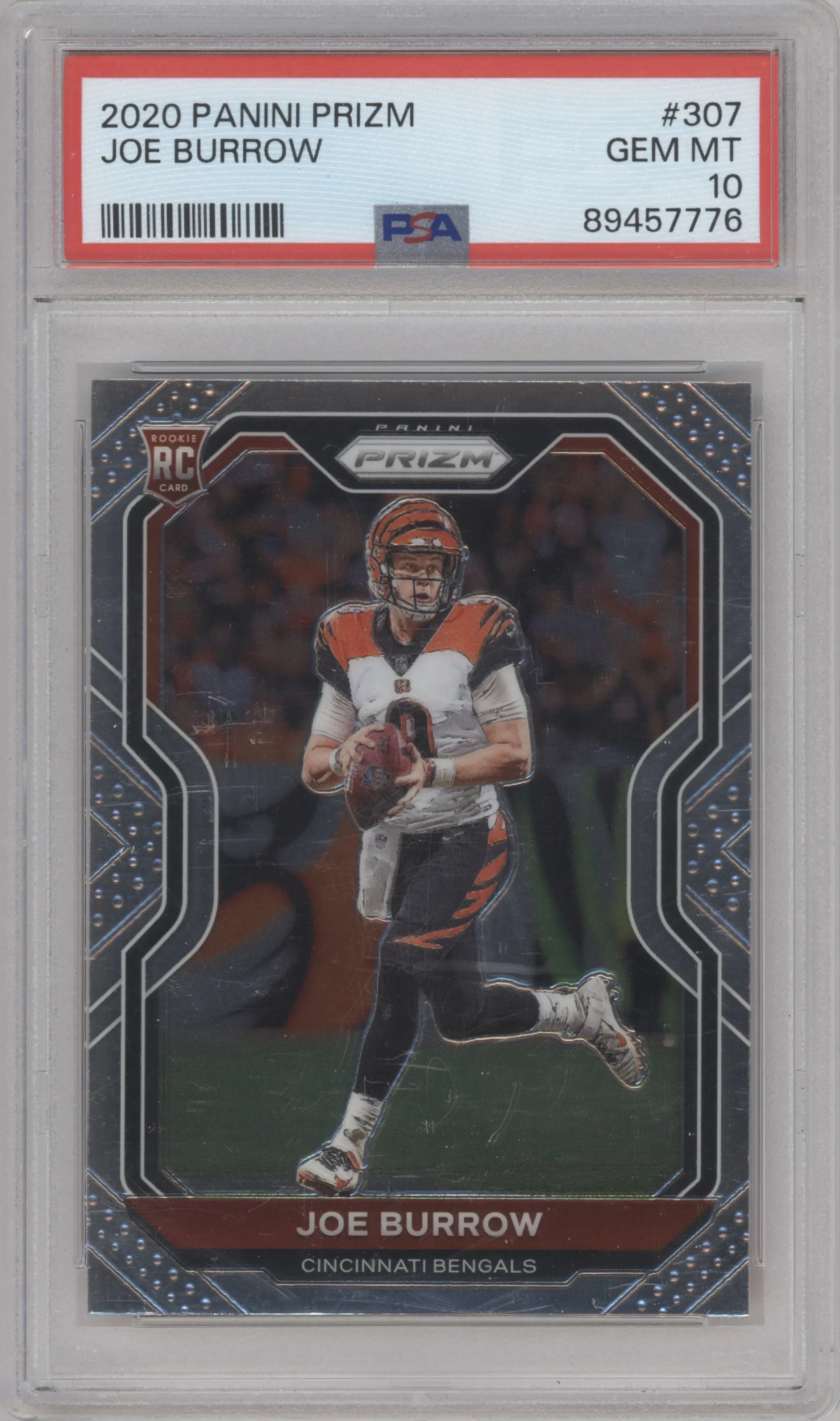 Joe Burrow from the 2020 Panini Prizm set graded by PSA and given an overall grade of 10.