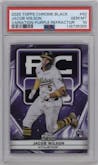 Jacob Wilson from the 2025 Topps Chrome Black set featuring a Purple Refractor parallel graded by PSA and given an overall grade of 10.