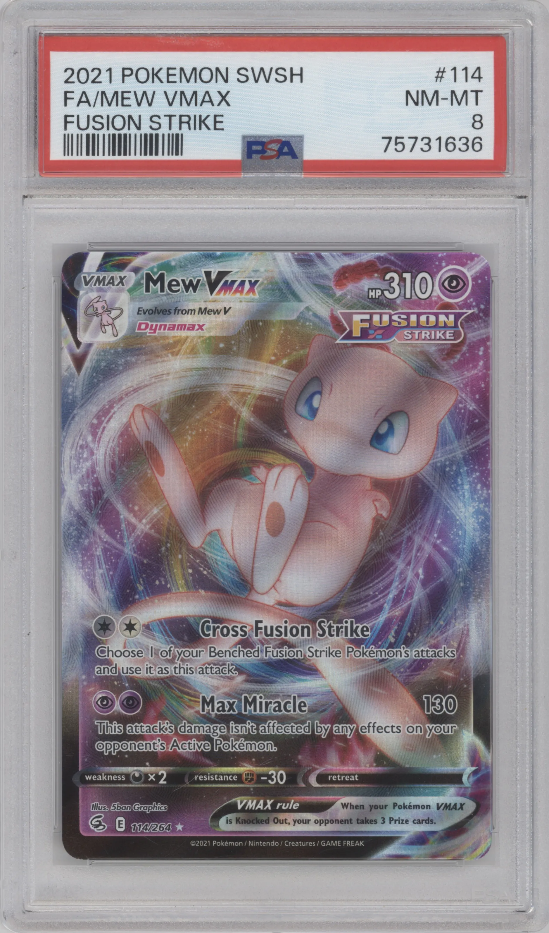 Mew VMAX from the 2021 Pokemon SWSH set graded by PSA and given an overall grade of 8.