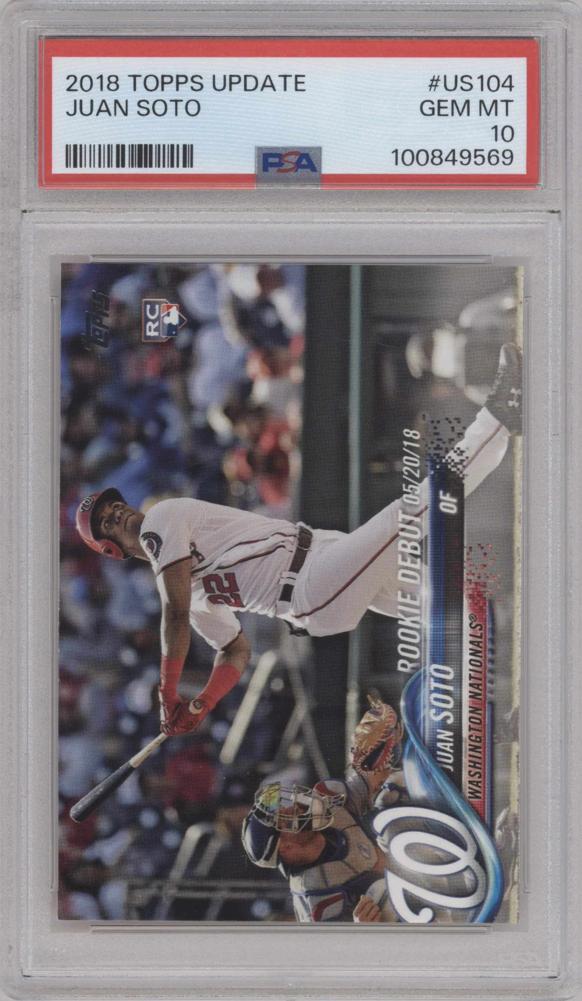 Juan Soto from the 2018 Topps Update set graded by PSA and given an overall grade of 10.