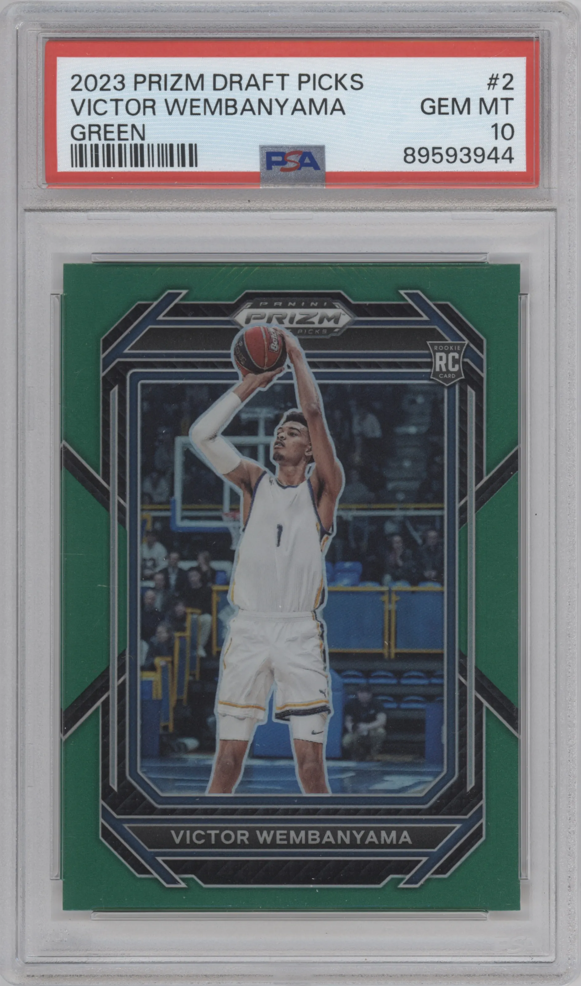 Victor Wembanyama from the 2023-24 Panini Prizm Draft Picks set featuring a Green Prizm parallel graded by PSA and given an overall grade of 10.