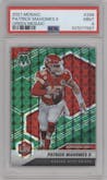Patrick Mahomes II from the 2021 Panini Mosaic set featuring a Green Mosaic parallel graded by PSA and given an overall grade of 9.
