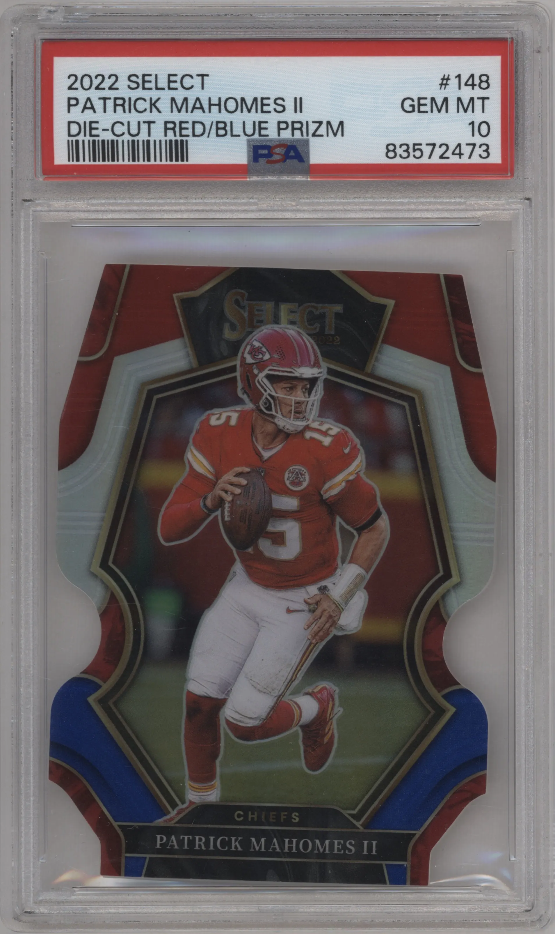 2022 Panini Select Pre.Lvl. Patrick Mahomes II Die-Cut Red/Blue PSA 10