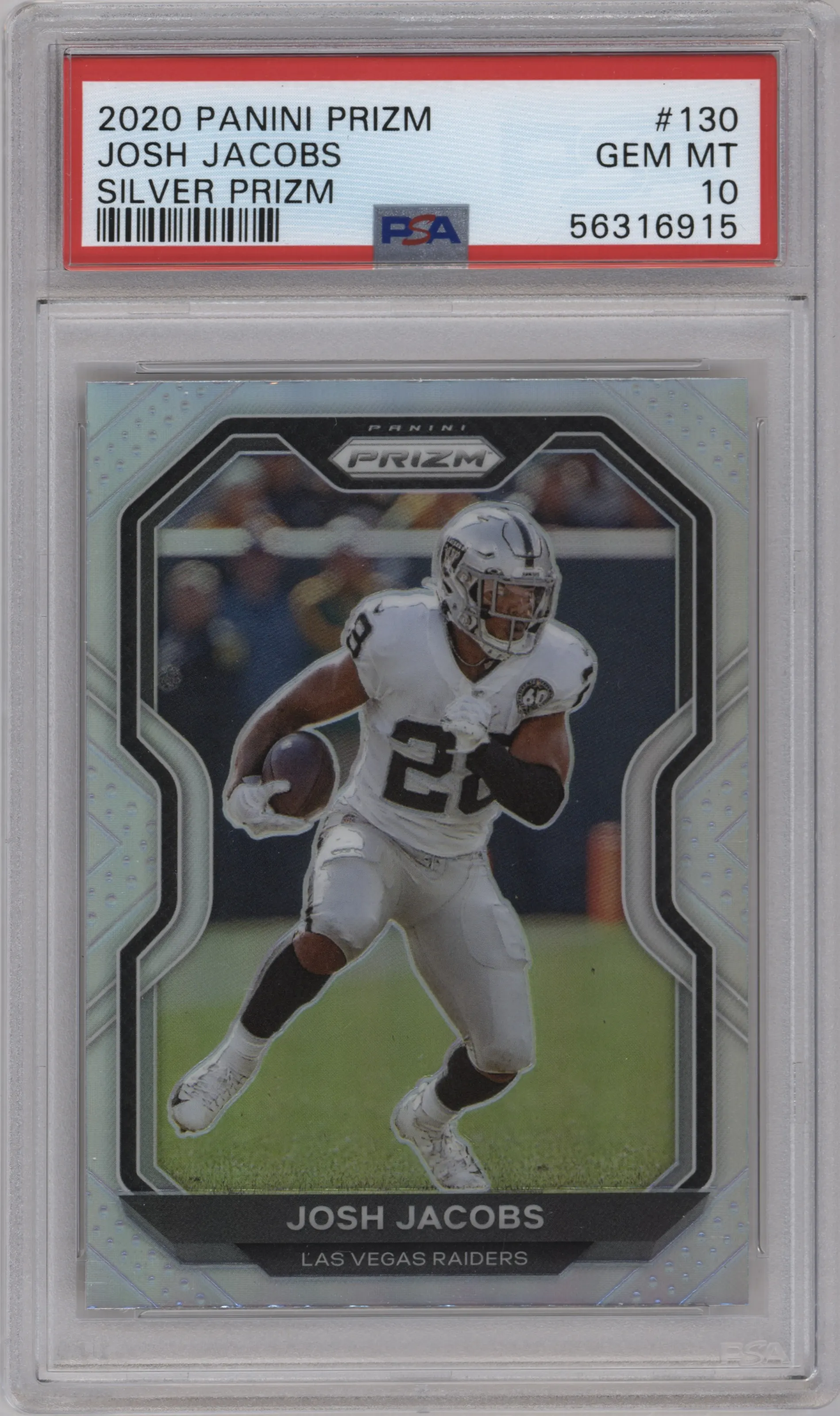 Josh Jacobs from the 2020 Panini Prizm set featuring a Silver Prizm parallel graded by PSA and given an overall grade of 10.