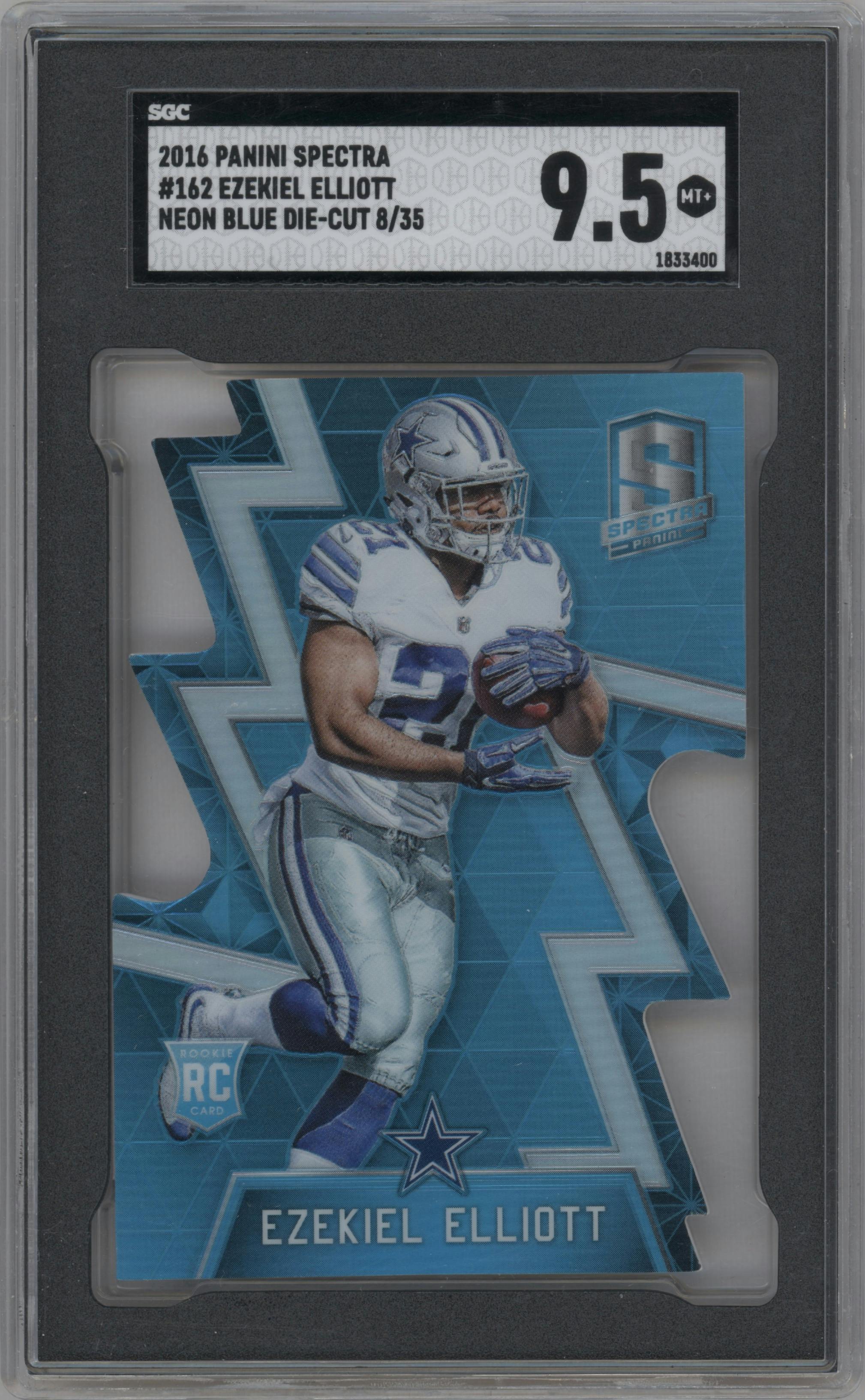 Ezekiel Elliott from the 2016 Panini Spectra set featuring a Die-Cut Neon Blue parallel graded by SGC and given an overall grade of 9.5.