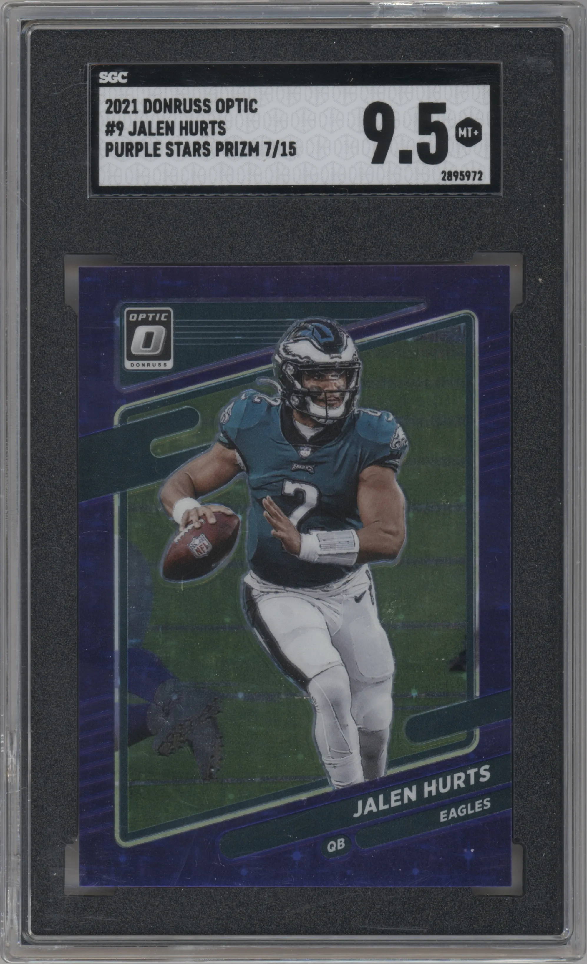 Jalen Hurts from the 2021 Panini Donruss Optic set featuring a Purple Stars parallel graded by SGC and given an overall grade of 9.5.