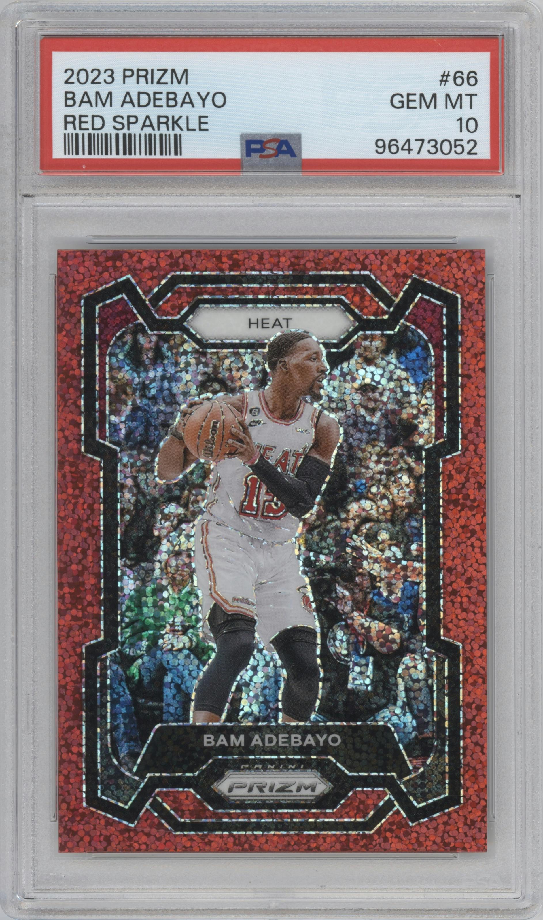 Bam Adebayo from the 2023-24 Panini Prizm set featuring a Red Sparkle parallel graded by PSA and given an overall grade of 10.