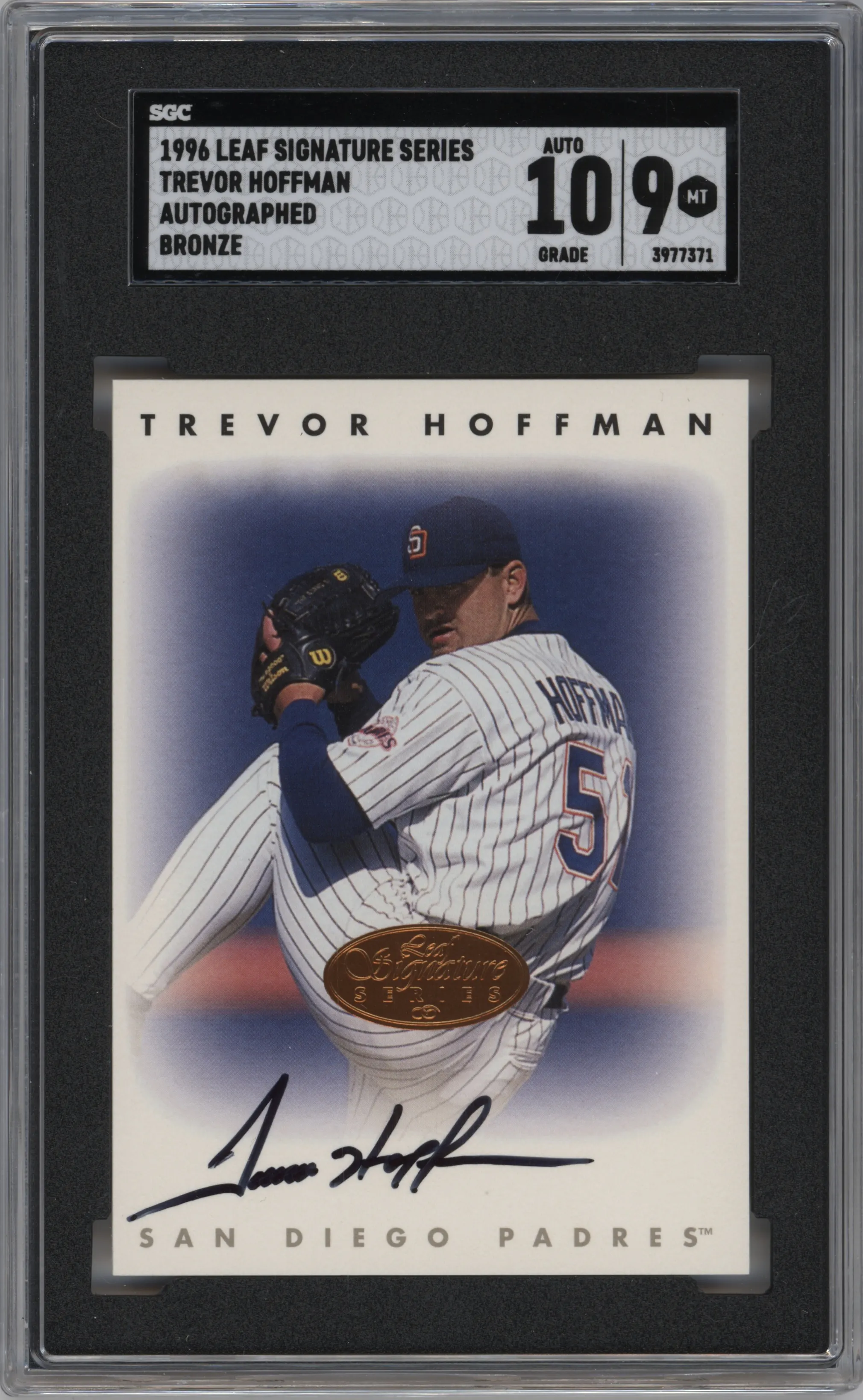 Trevor Hoffman from the 1996 Leaf Signatures Series set featuring a Bronze parallel graded by SGC and given an overall grade of 9.