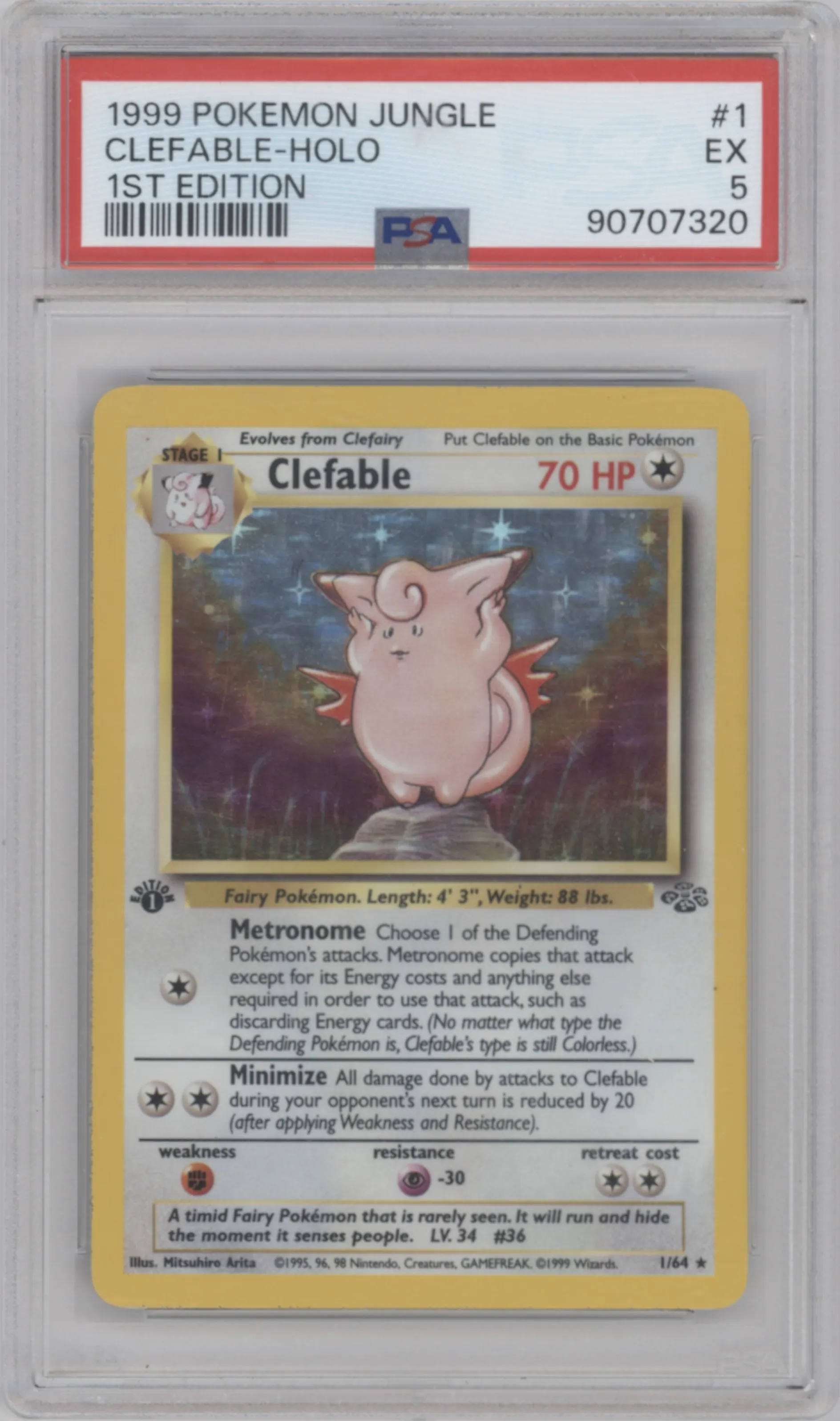 Clefable from the 1999 Pokemon set graded by PSA and given an overall grade of 5.