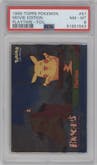 Pikachu from the 1999 Pokemon set featuring a Foil parallel graded by PSA and given an overall grade of 8.
