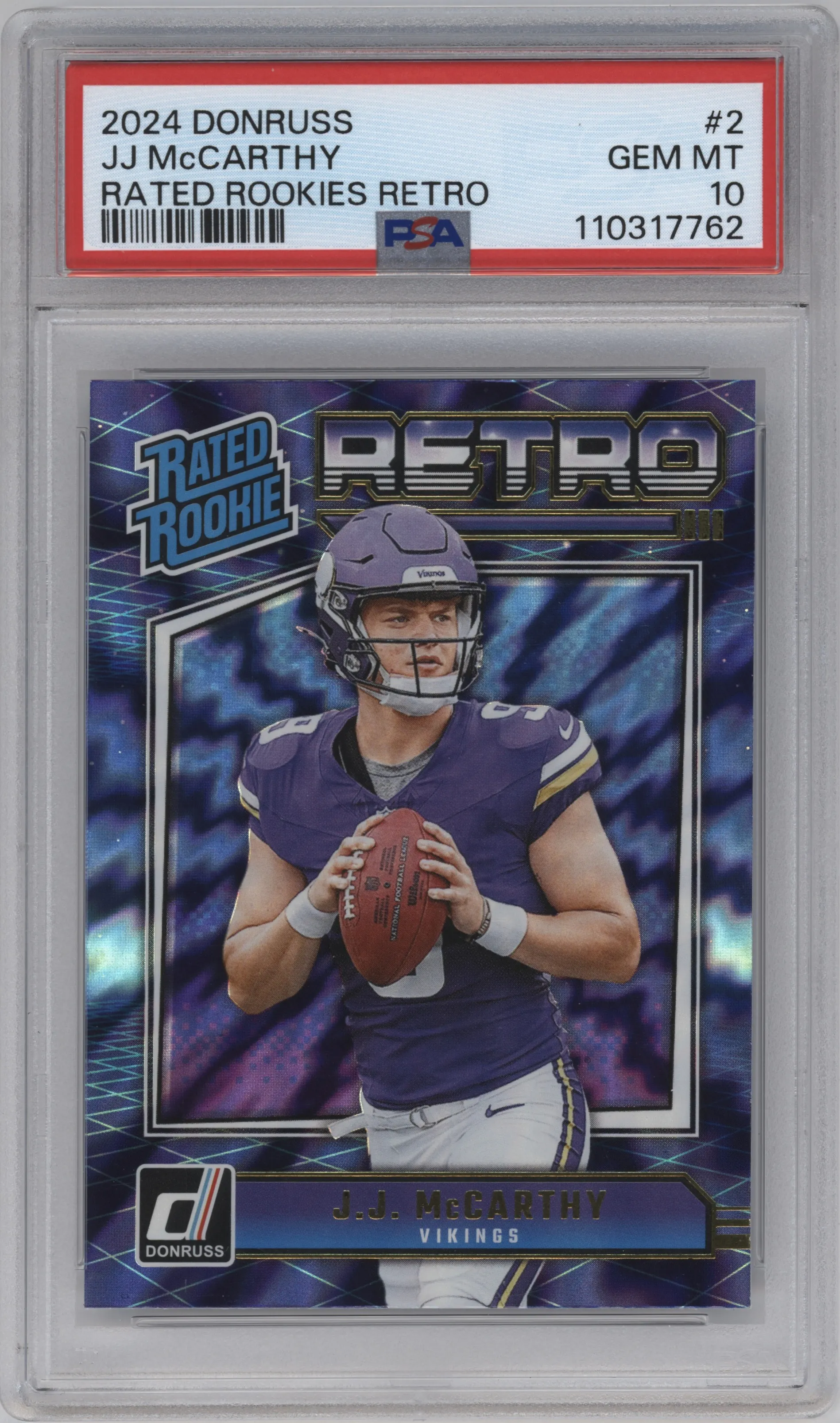 J.J. McCarthy from the 2024 Donruss set graded by PSA and given an overall grade of 10.