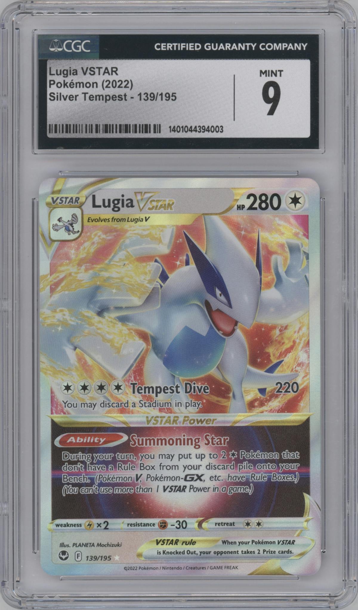 Lugia VStar from the 2022 Pokemon SWSH set graded by CSG and given an overall grade of 9.