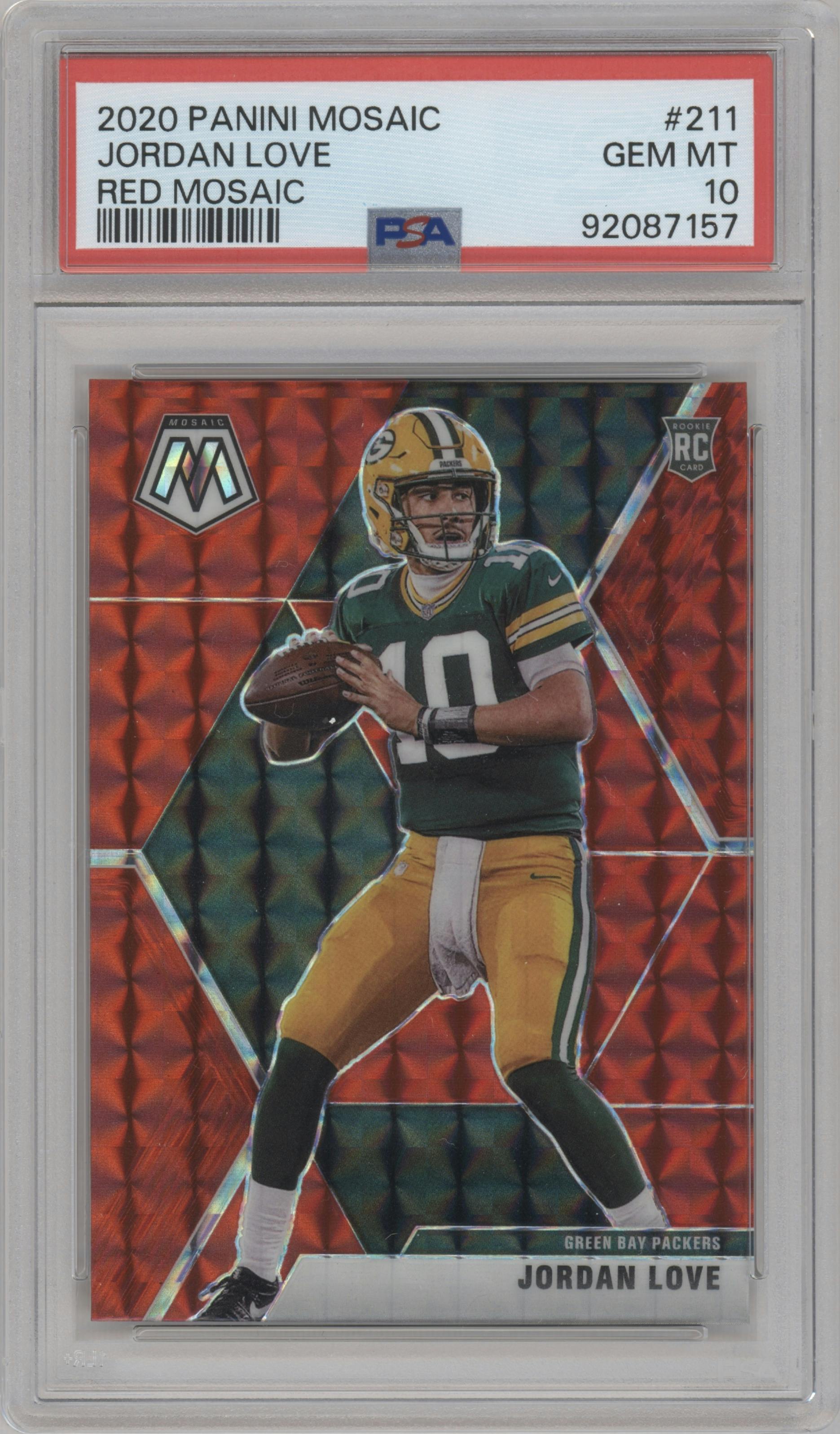 Jordan Love from the 2020 Panini Mosaic set featuring a Red Mosaic parallel graded by PSA and given an overall grade of 10.