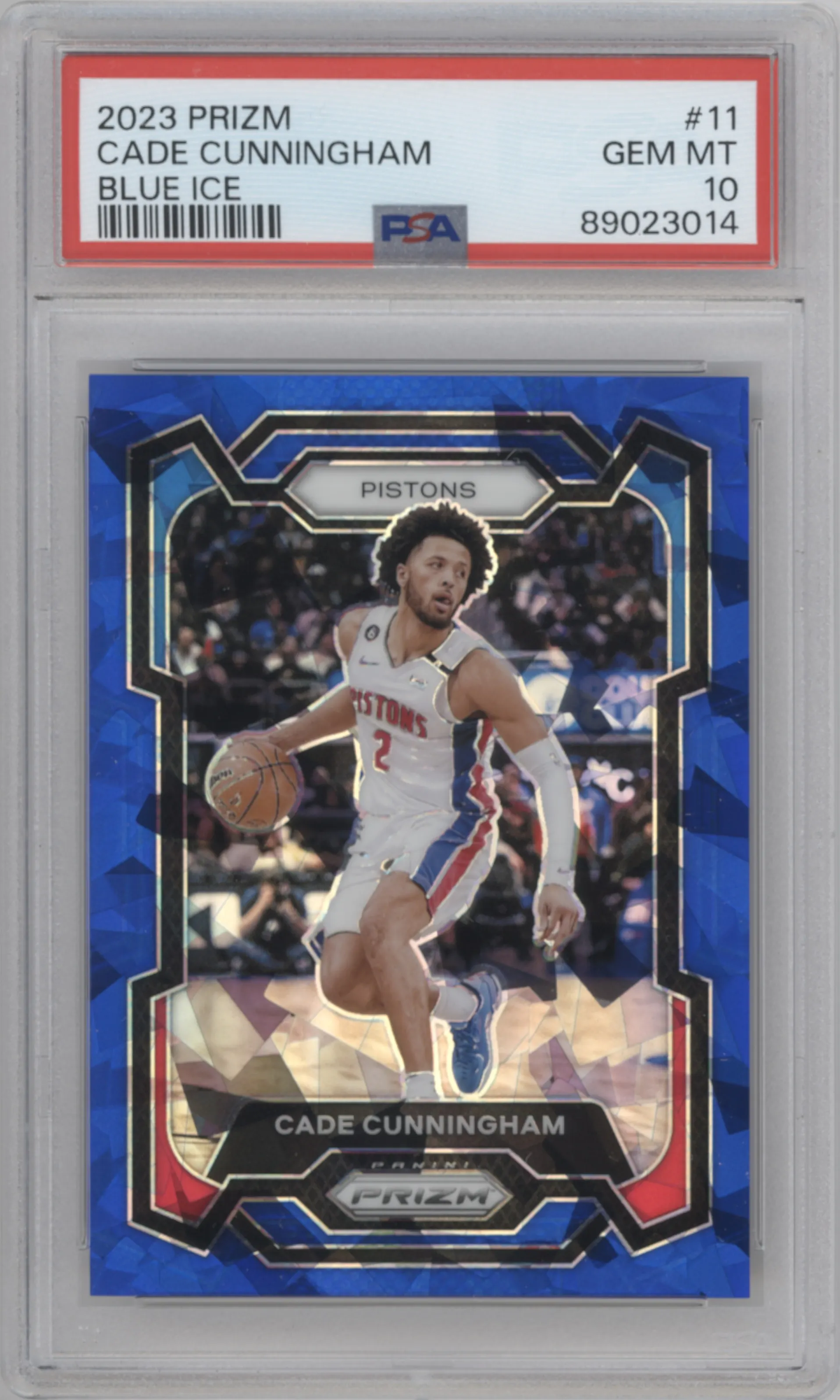 Cade Cunningham from the 2023-24 Panini Prizm set featuring a Blue Ice parallel graded by PSA and given an overall grade of 10.